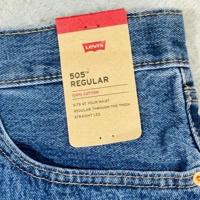 Levis 505 Jeans Mens 52x32 Big & Tall Blue Medium Wash Straight Denim Zip Fly - Thumbnail 7