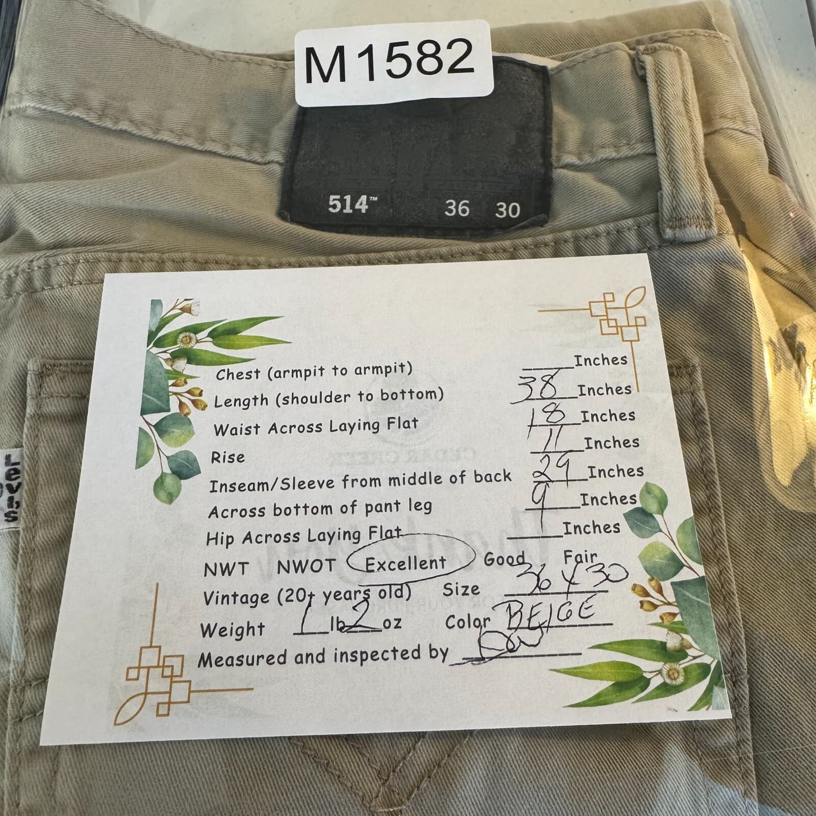 Levi’s 514 Men’s Jeans 36x30 Beige Denim 100% Cotton Mid-Rise Straight Leg - Thumbnail 8