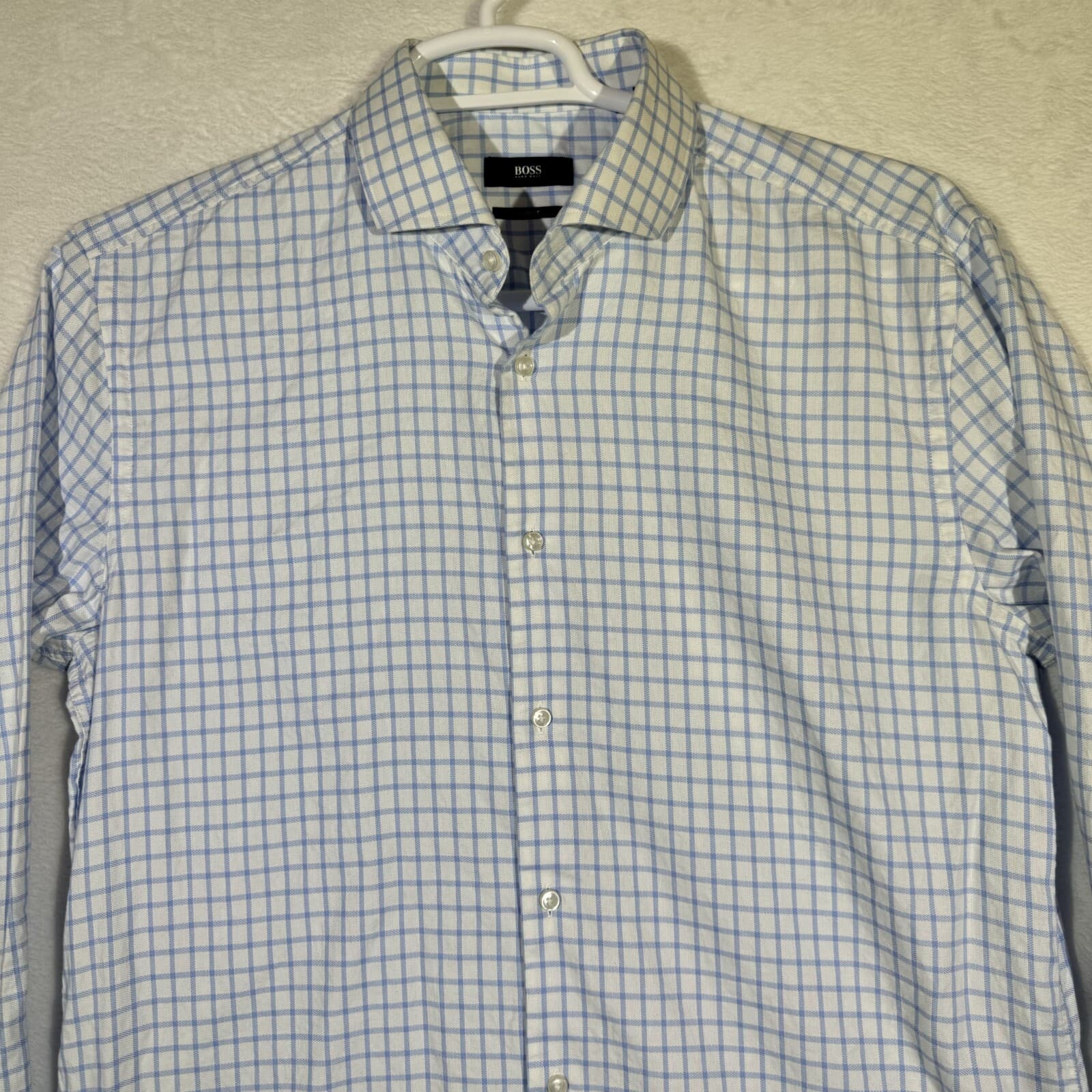 Hugo Boss Men’s Slim Fit Dress Shirt Size 17 Blue & White Check French Cuff - Thumbnail 5