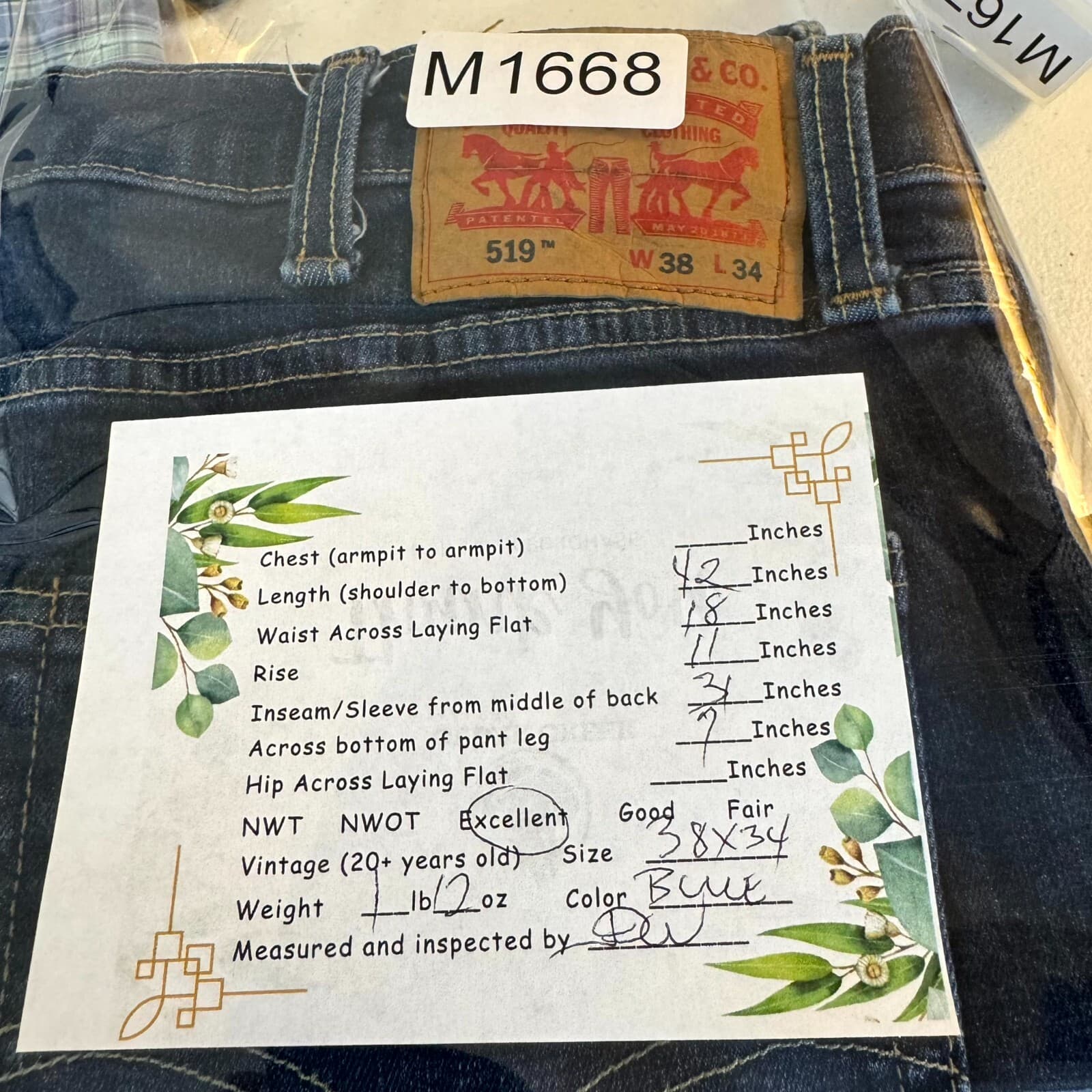 Levi’s 519 Men’s Jeans 38x34 Blue Denim Mid-Rise Straight Leg Regular Fit - Thumbnail 8