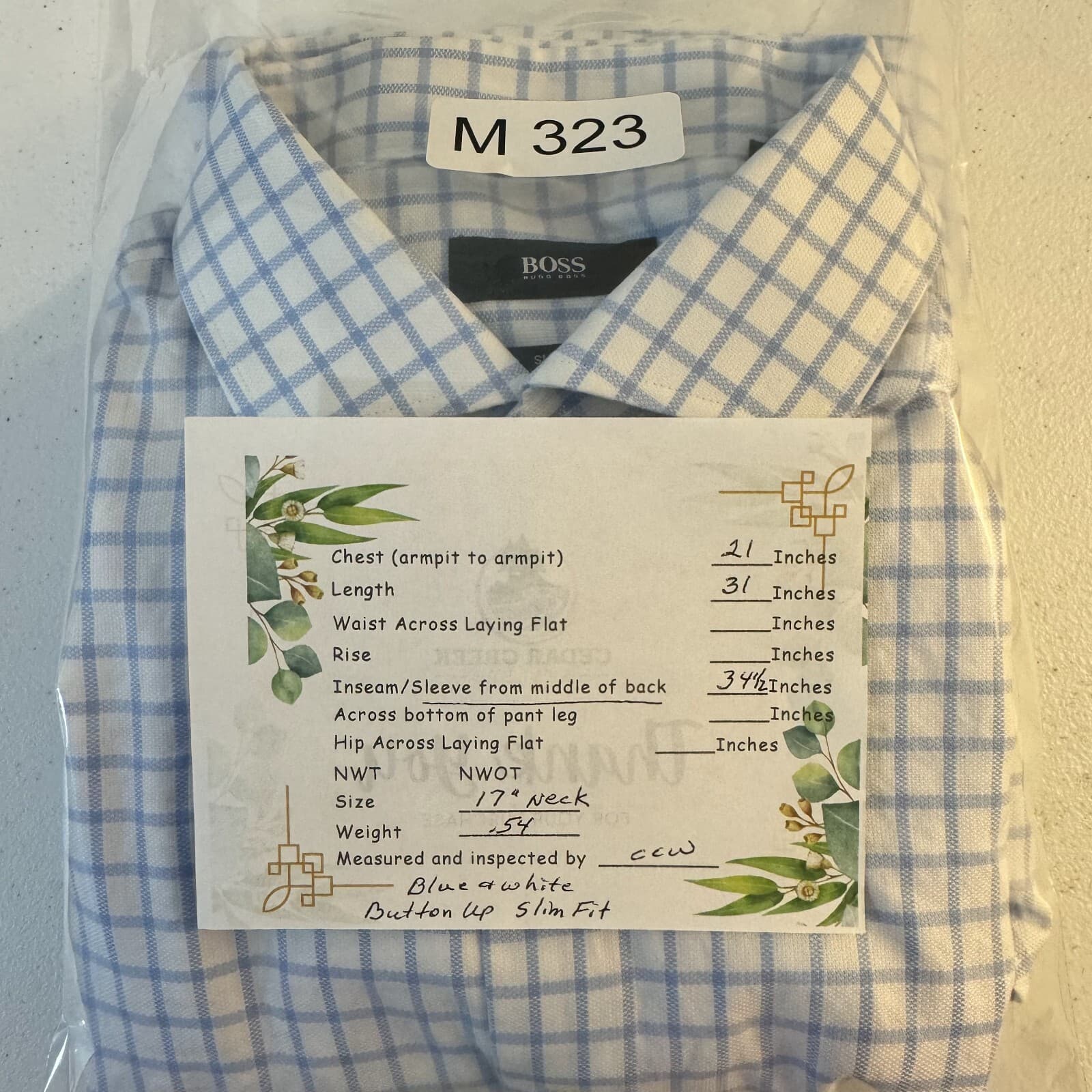 Hugo Boss Men’s Slim Fit Dress Shirt Size 17 Blue & White Check French Cuff - Thumbnail 14