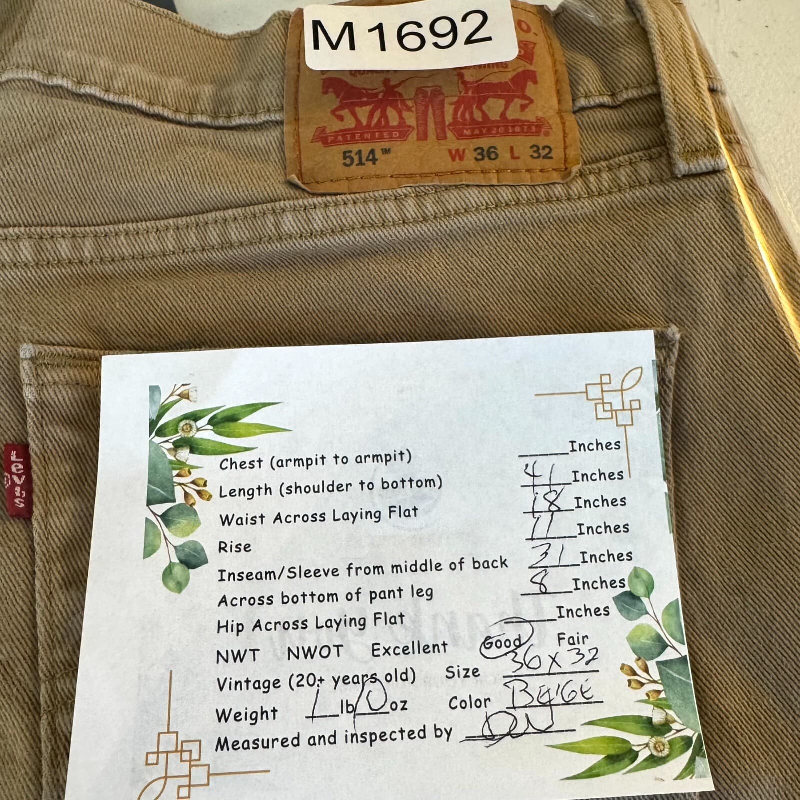 Levi’s 514 Men’s Jeans 36x32 Beige Denim Mid-Rise Straight Fit - Thumbnail 8