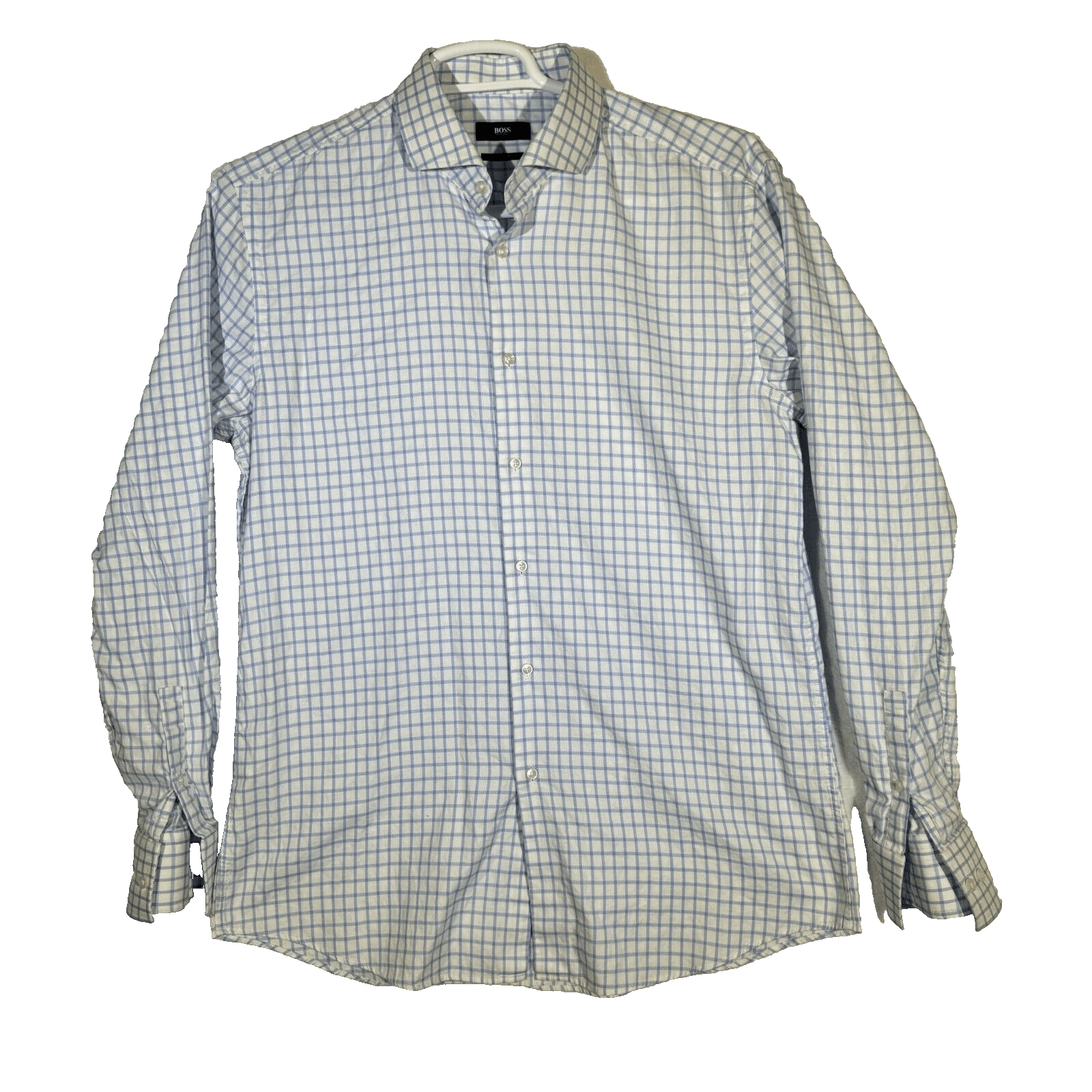 Hugo Boss Men’s Slim Fit Dress Shirt Size 17 Blue & White Check French Cuff - Image 1