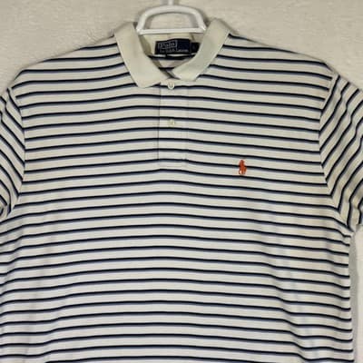 Polo Ralph Lauren Polo Shirt Mens Large White Blue Striped Pony Logo Cotton - Thumbnail 4