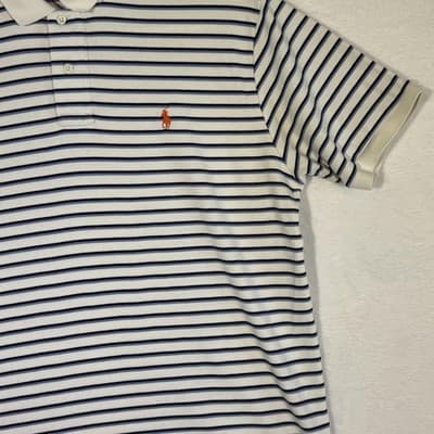 Polo Ralph Lauren Polo Shirt Mens Large White Blue Striped Pony Logo Cotton - Thumbnail 5