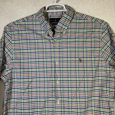 Ralph Lauren Shirt Mens XL Blue Green Orange Plaid Stretch Oxford Slim Fit Polo - Thumbnail 5
