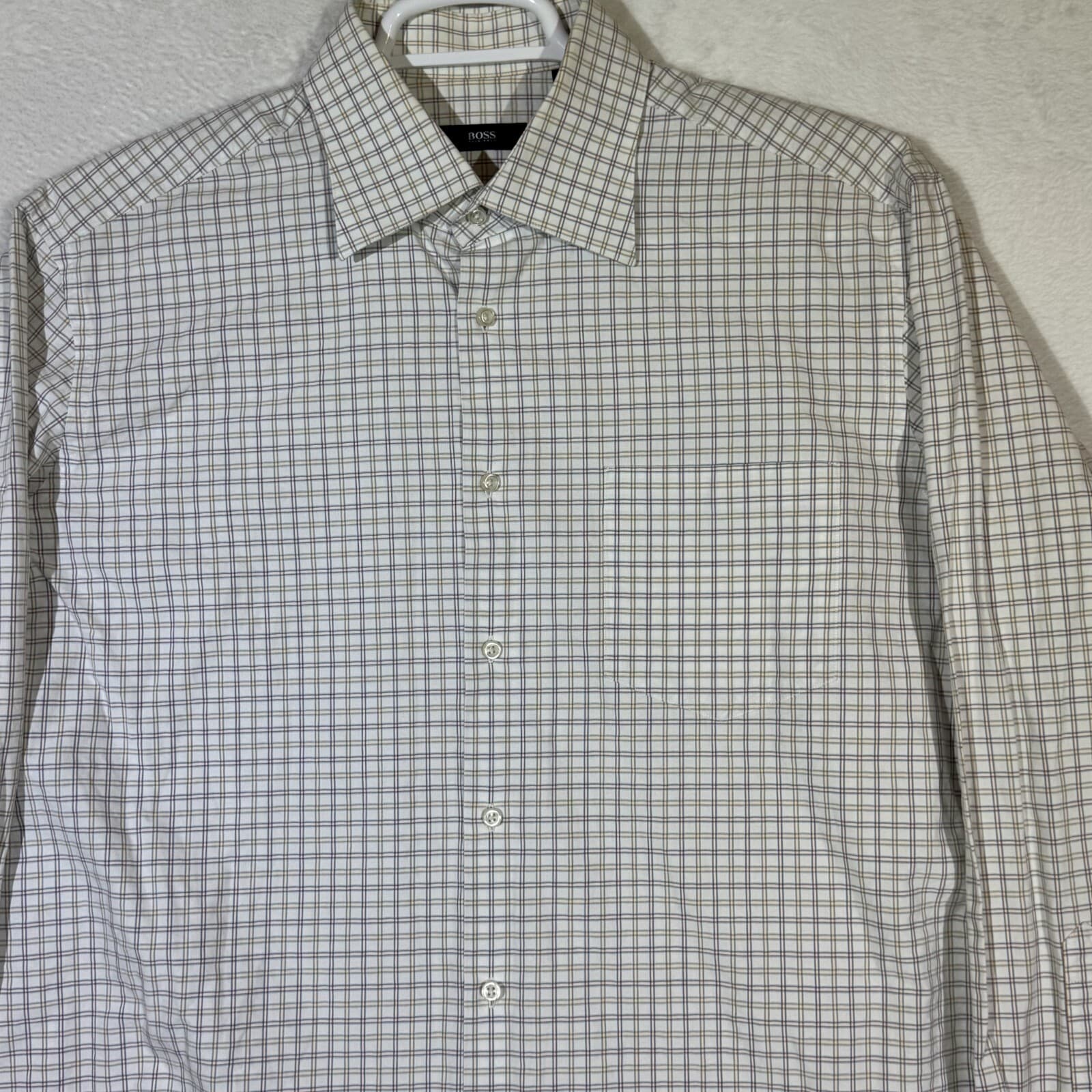 Hugo Boss Men’s Dress Shirt 17 34/35 White Gray Plaid Cotton Long Sleeve - Thumbnail 4