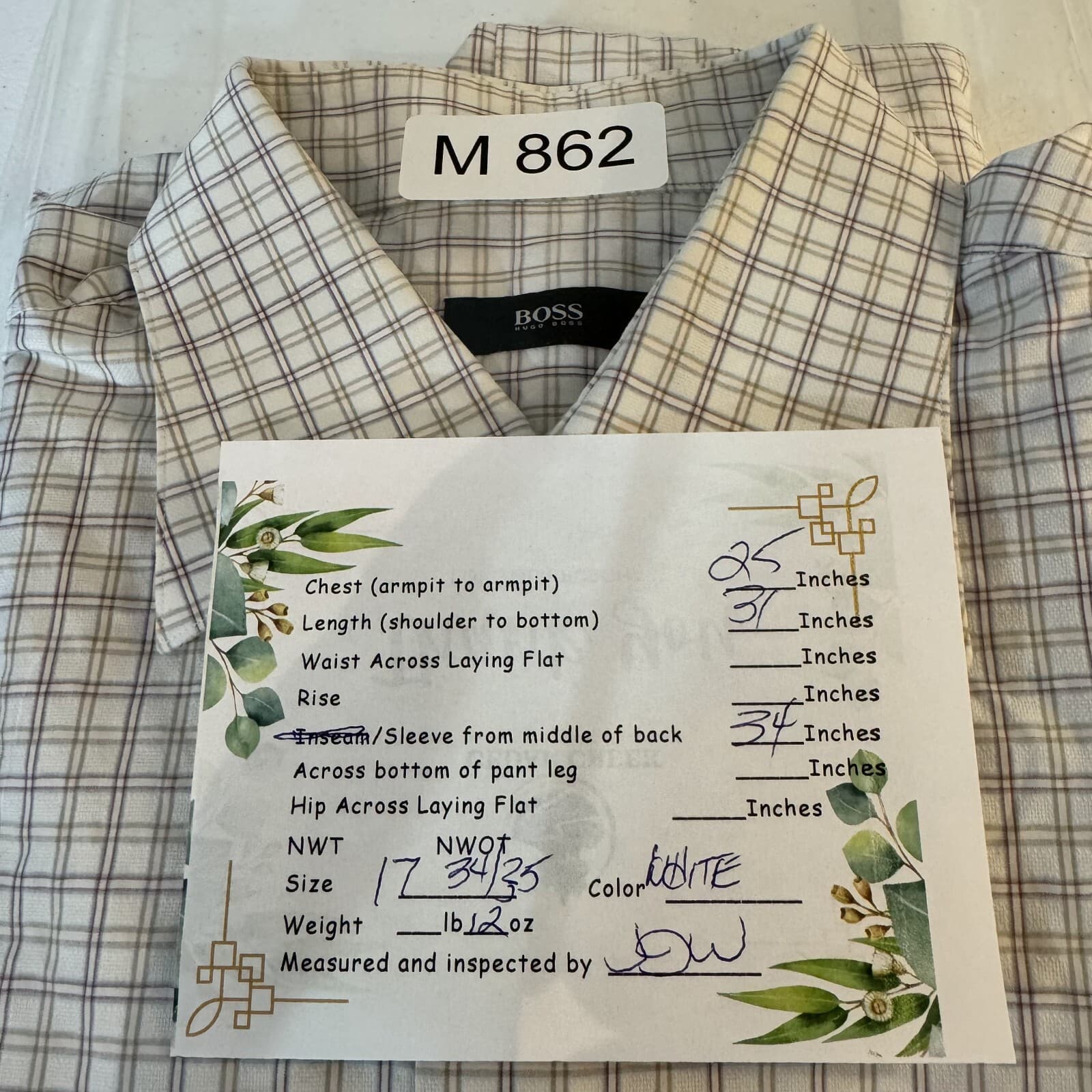 Hugo Boss Men’s Dress Shirt 17 34/35 White Gray Plaid Cotton Long Sleeve - Thumbnail 9