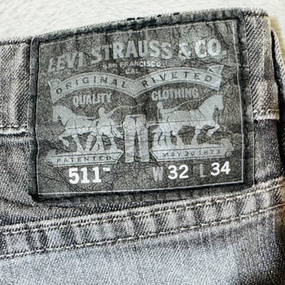 Levis 511 Jeans Mens 32x33 Gray Light Wash Slim Taper Stretch Denim Zip Fly - Thumbnail 4