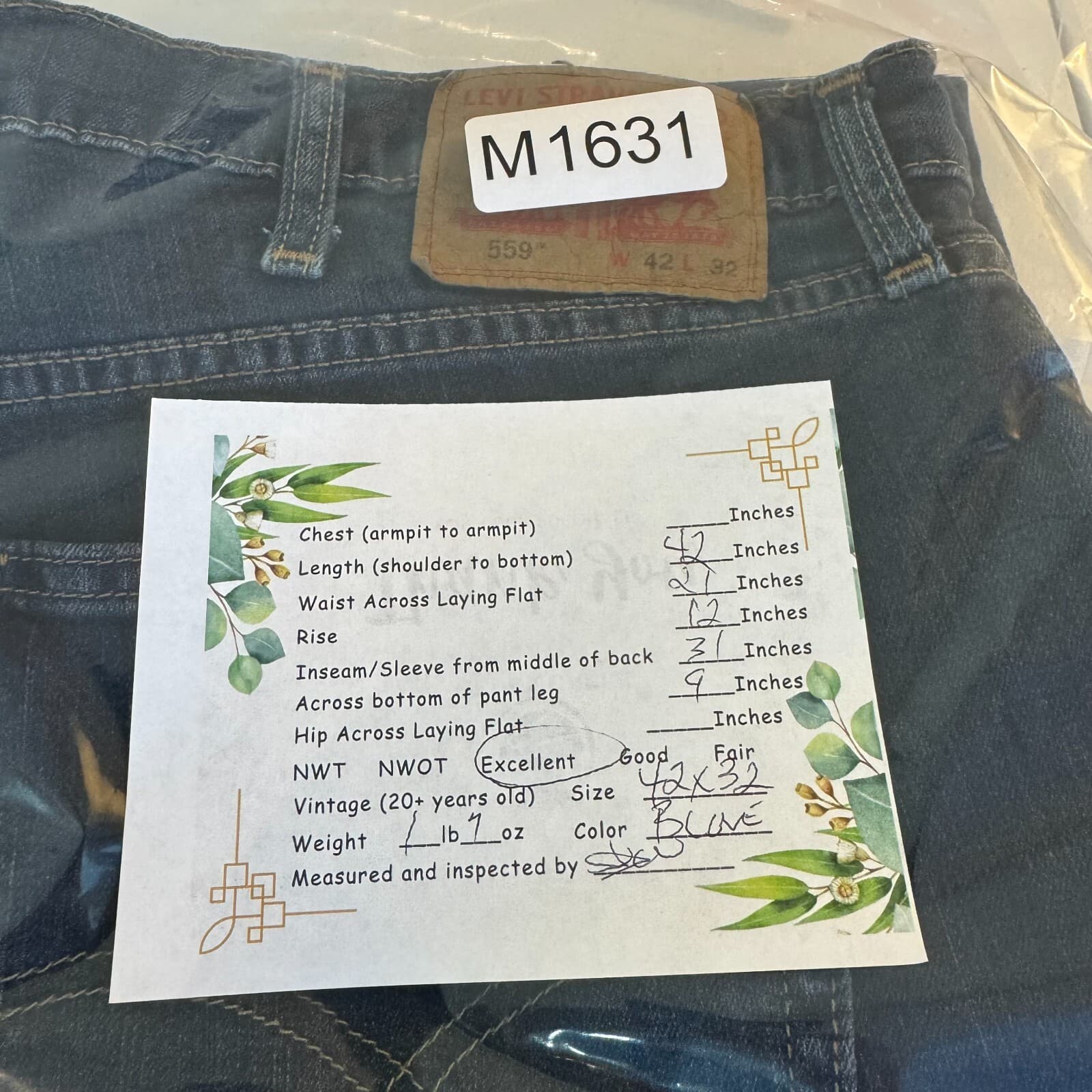 Levi’s 559 Men’s Jeans 42x32 Blue Denim 100% Cotton High-Rise Straight Leg - Thumbnail 8