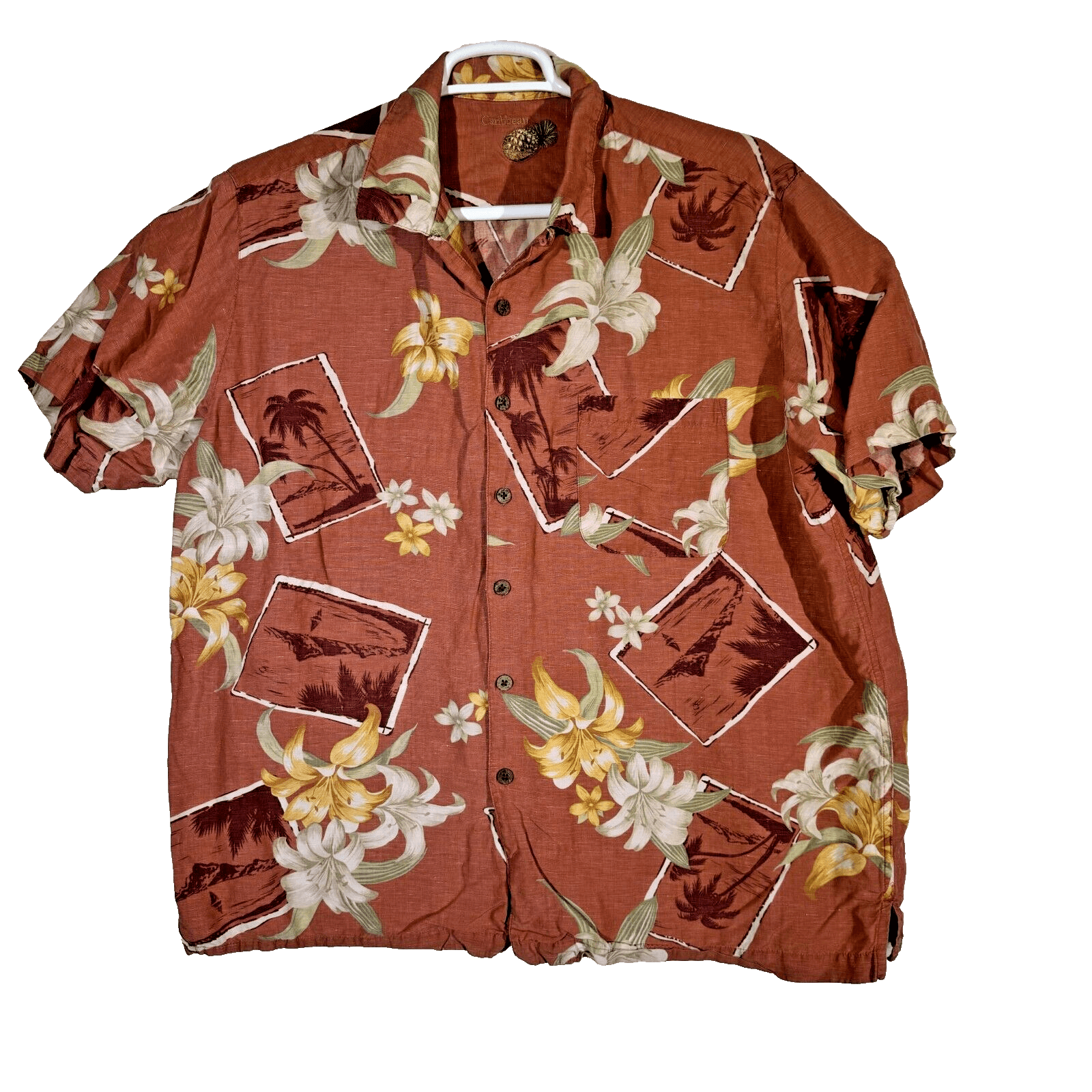 Caribbean Men’s XL Brown Silk-Linen Tropical Hawaiian Shirt Lightweight Button - Image 1
