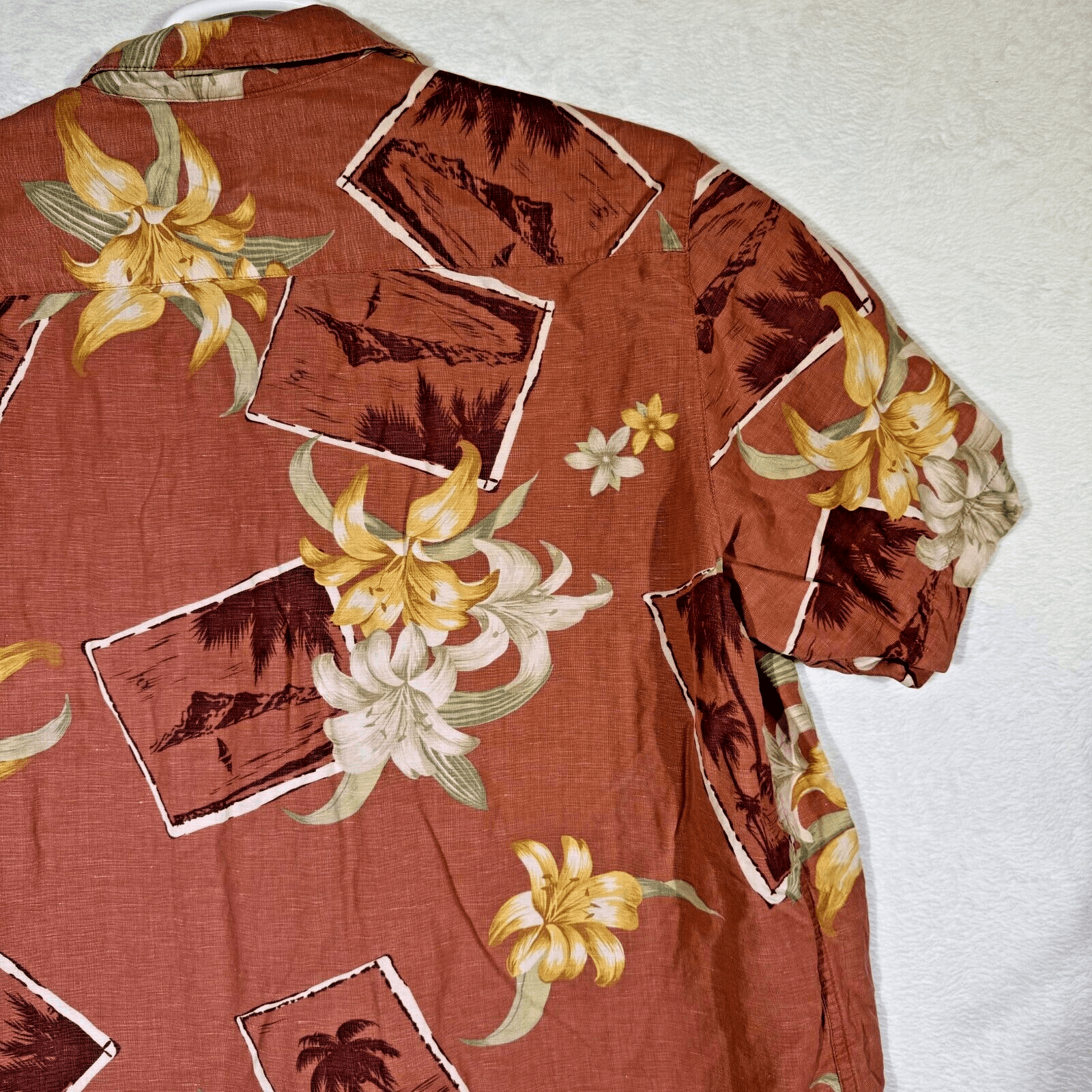 Caribbean Men’s XL Brown Silk-Linen Tropical Hawaiian Shirt Lightweight Button - Thumbnail 13