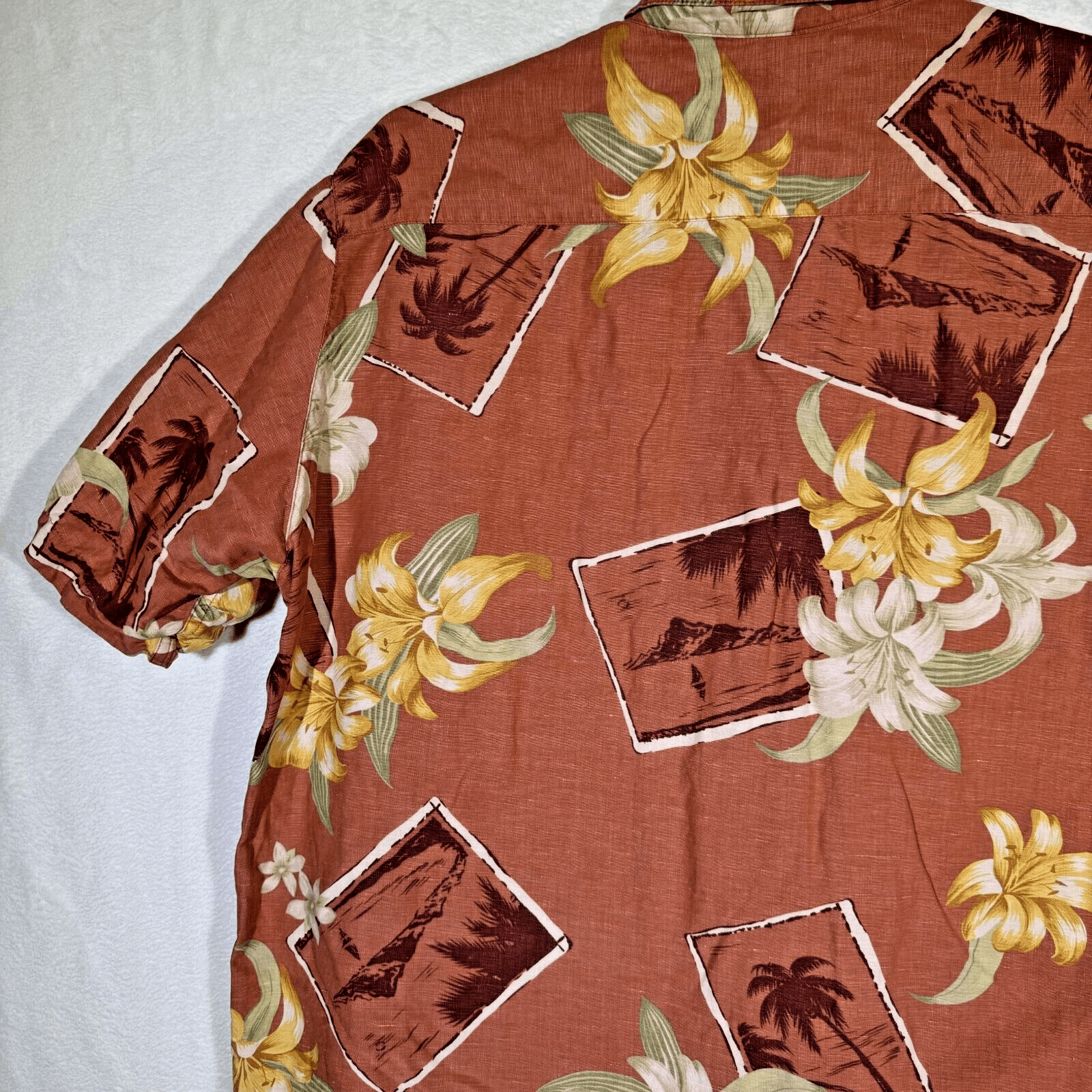 Caribbean Men’s XL Brown Silk-Linen Tropical Hawaiian Shirt Lightweight Button - Thumbnail 11