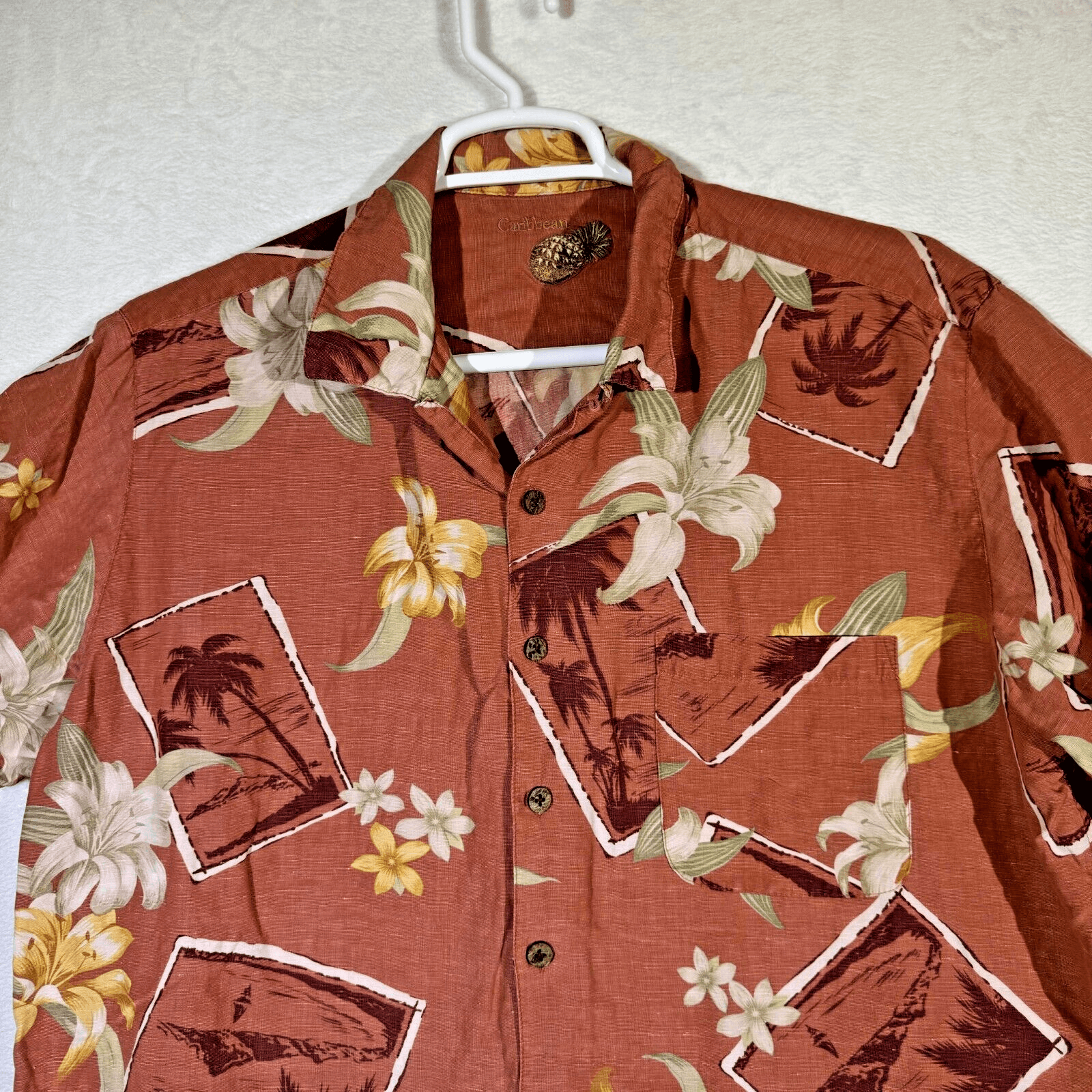 Caribbean Men’s XL Brown Silk-Linen Tropical Hawaiian Shirt Lightweight Button - Thumbnail 5