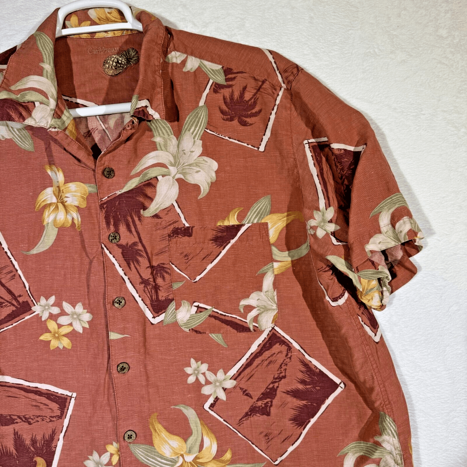 Caribbean Men’s XL Brown Silk-Linen Tropical Hawaiian Shirt Lightweight Button - Thumbnail 6