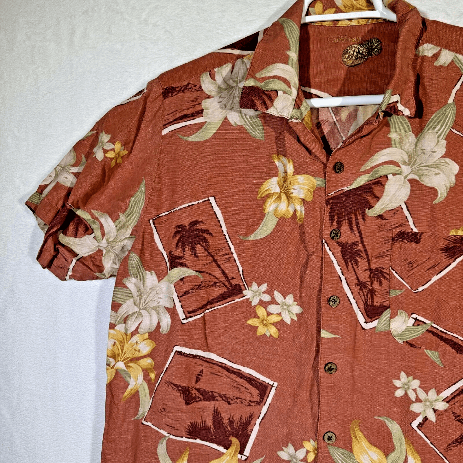 Caribbean Men’s XL Brown Silk-Linen Tropical Hawaiian Shirt Lightweight Button - Thumbnail 4