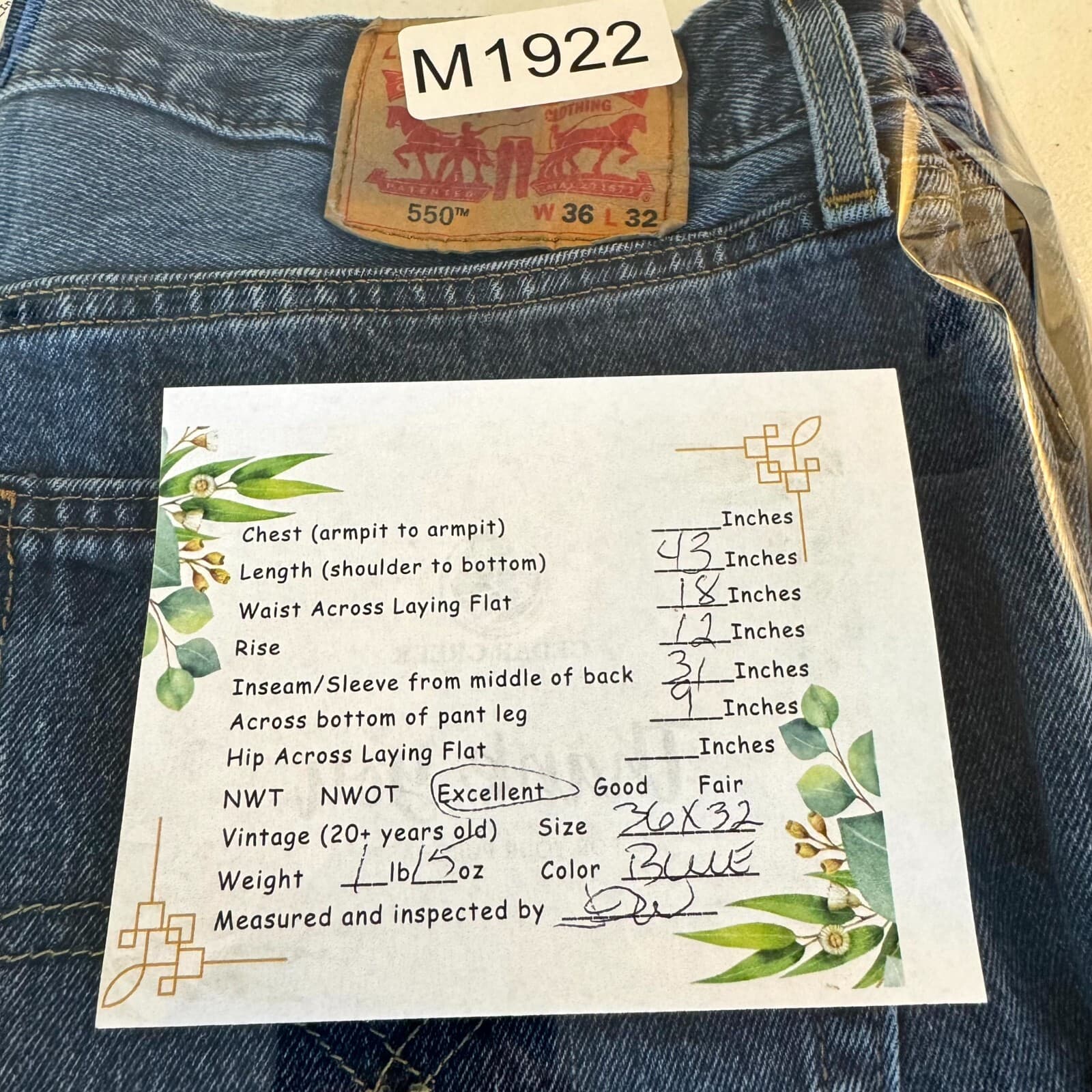 Levi's 550 Jeans Mens 36x32 Blue Denim Relaxed Fit Tapered Leg Mid Rise Zip Fly - Thumbnail 9