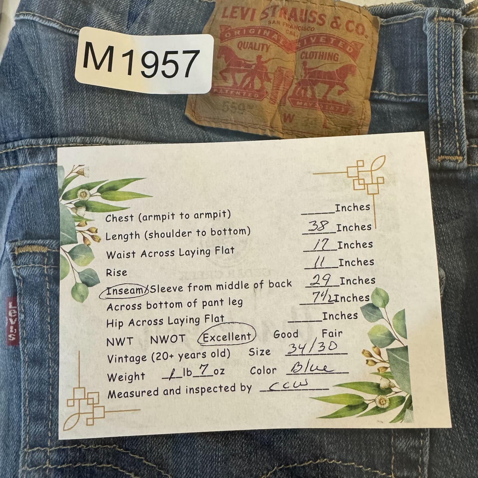 Levi's 559 Jeans Mens 34x30 Blue Denim Relaxed Straight Mid Rise Stretch Zip Fly - Thumbnail 8