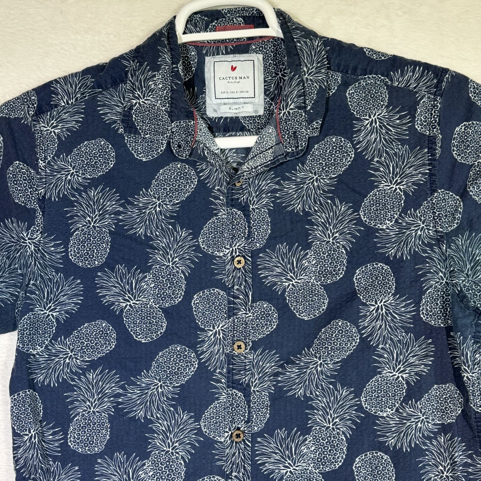 Cactus Man Men’s S Navy Pineapple Print Slim Cotton Button-Up Shirt – M570 - Thumbnail 5