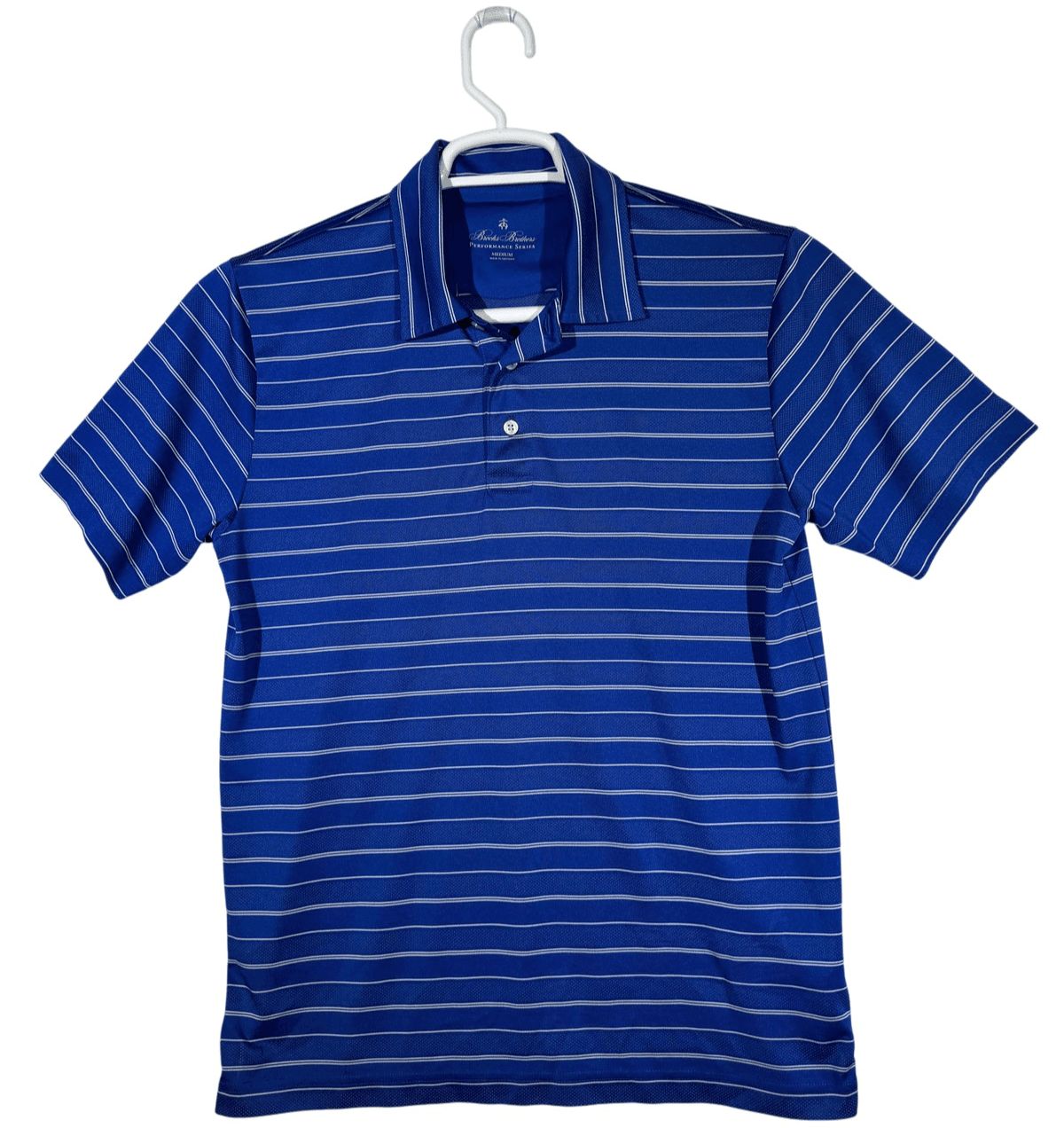 Brooks Brothers Polo Shirt Mens Medium Blue Striped Performance Golf Casual - Image 1