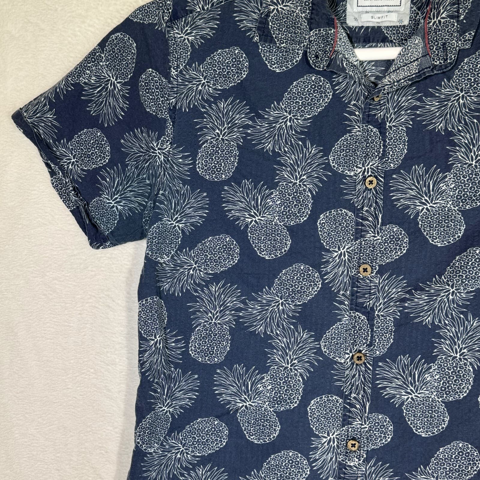 Cactus Man Men’s S Navy Pineapple Print Slim Cotton Button-Up Shirt – M570 - Thumbnail 4