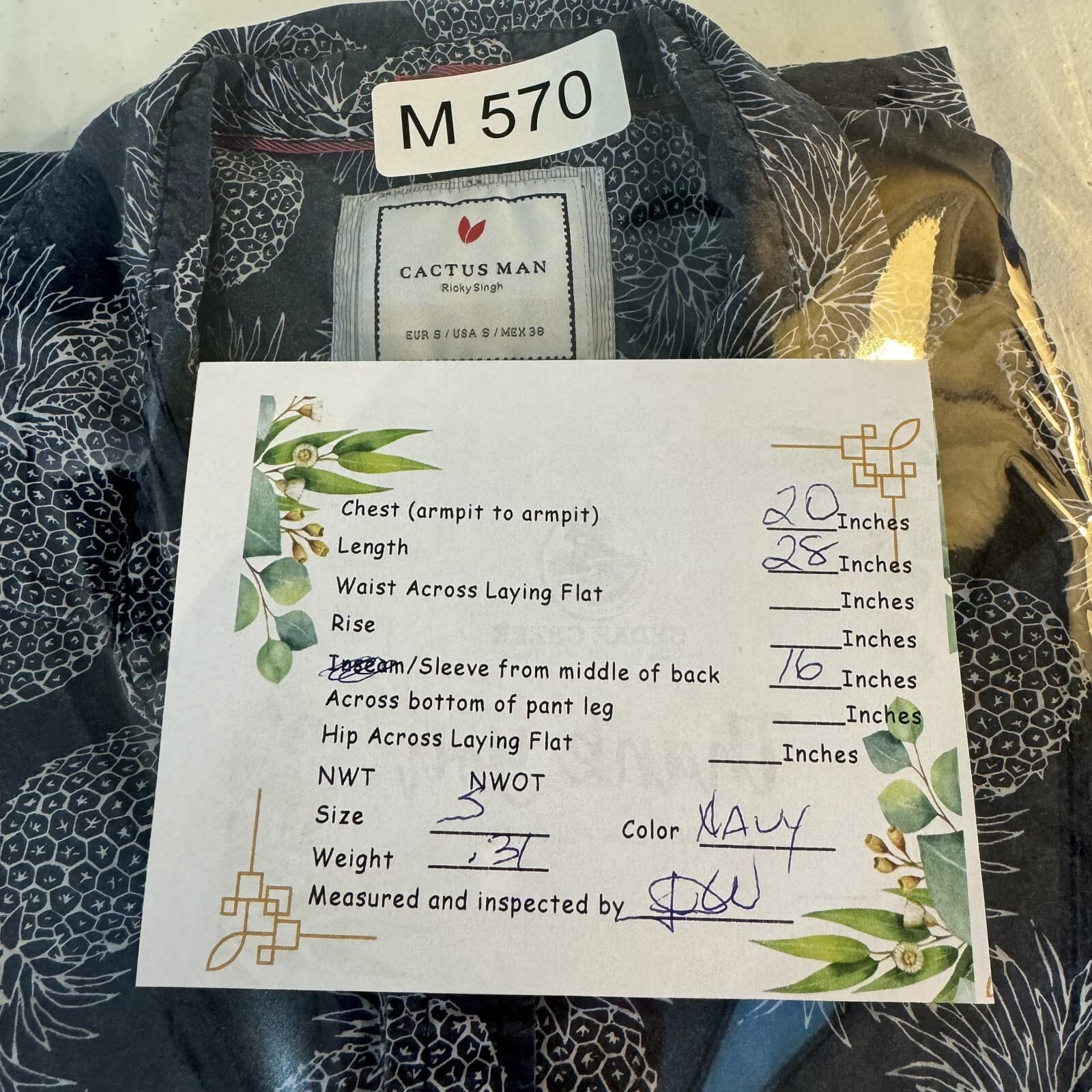 Cactus Man Men’s S Navy Pineapple Print Slim Cotton Button-Up Shirt – M570 - Thumbnail 14