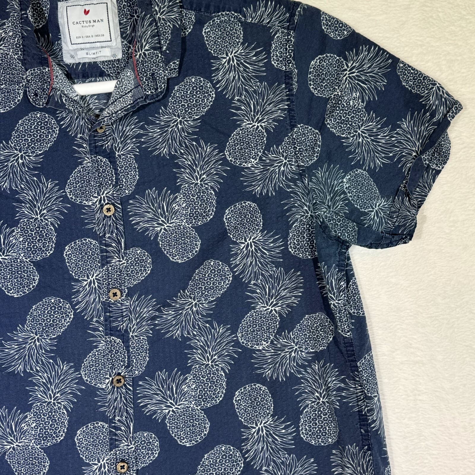 Cactus Man Men’s S Navy Pineapple Print Slim Cotton Button-Up Shirt – M570 - Thumbnail 6