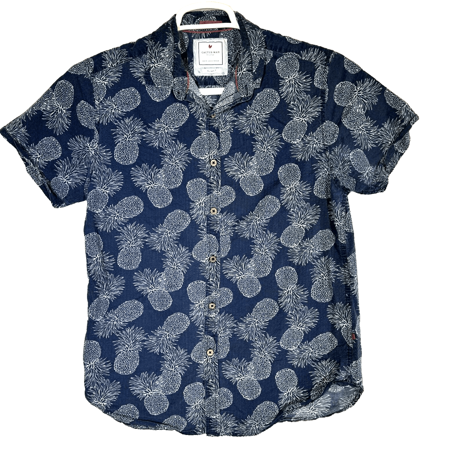 Cactus Man Men’s S Navy Pineapple Print Slim Cotton Button-Up Shirt – M570 - Image 1