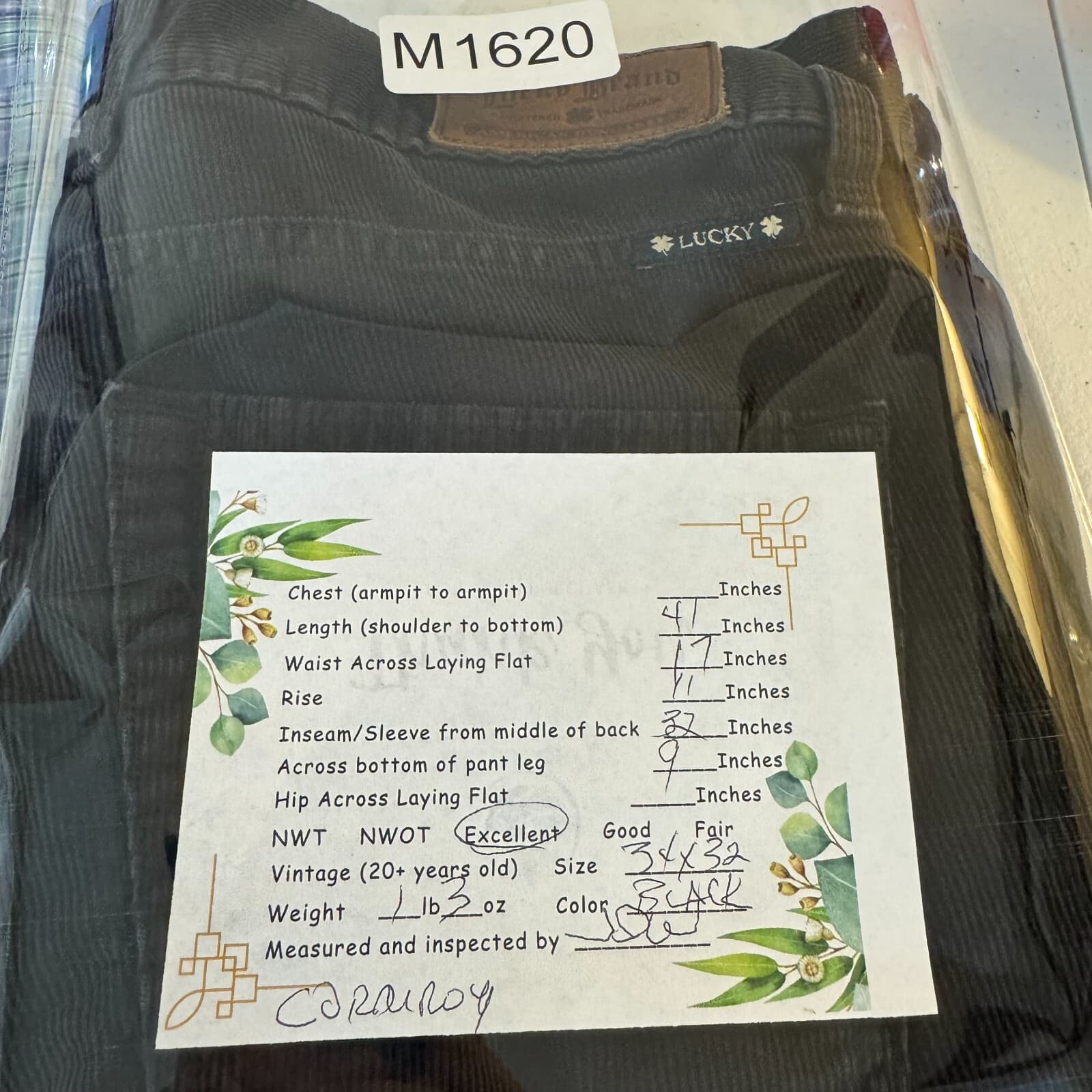 Lucky Brand 361 Vintage Straight Mens 34x32 Black Corduroy Jeans - Thumbnail 8