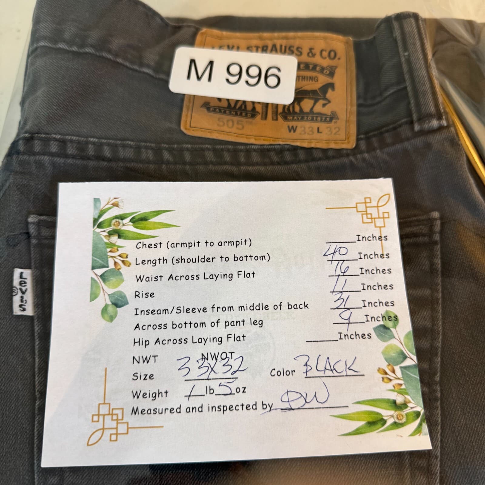 Levis 505 Jeans Mens 33x32 Black Regular Fit Straight Leg Denim Zip Fly Classic - Thumbnail 9