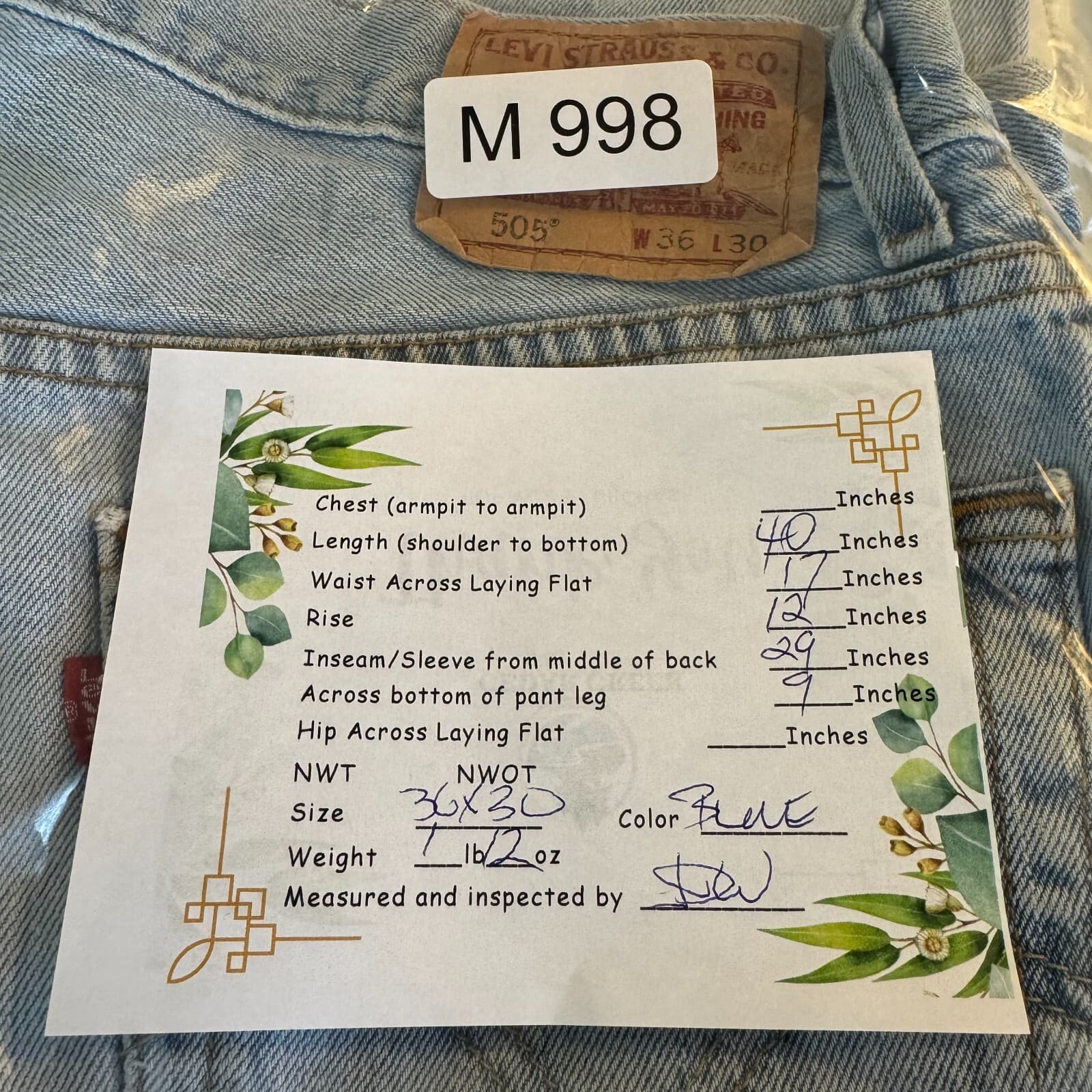 Levis 505 Jeans Mens 36x30 Light Wash Regular Fit Straight Leg Denim Classic - Thumbnail 8