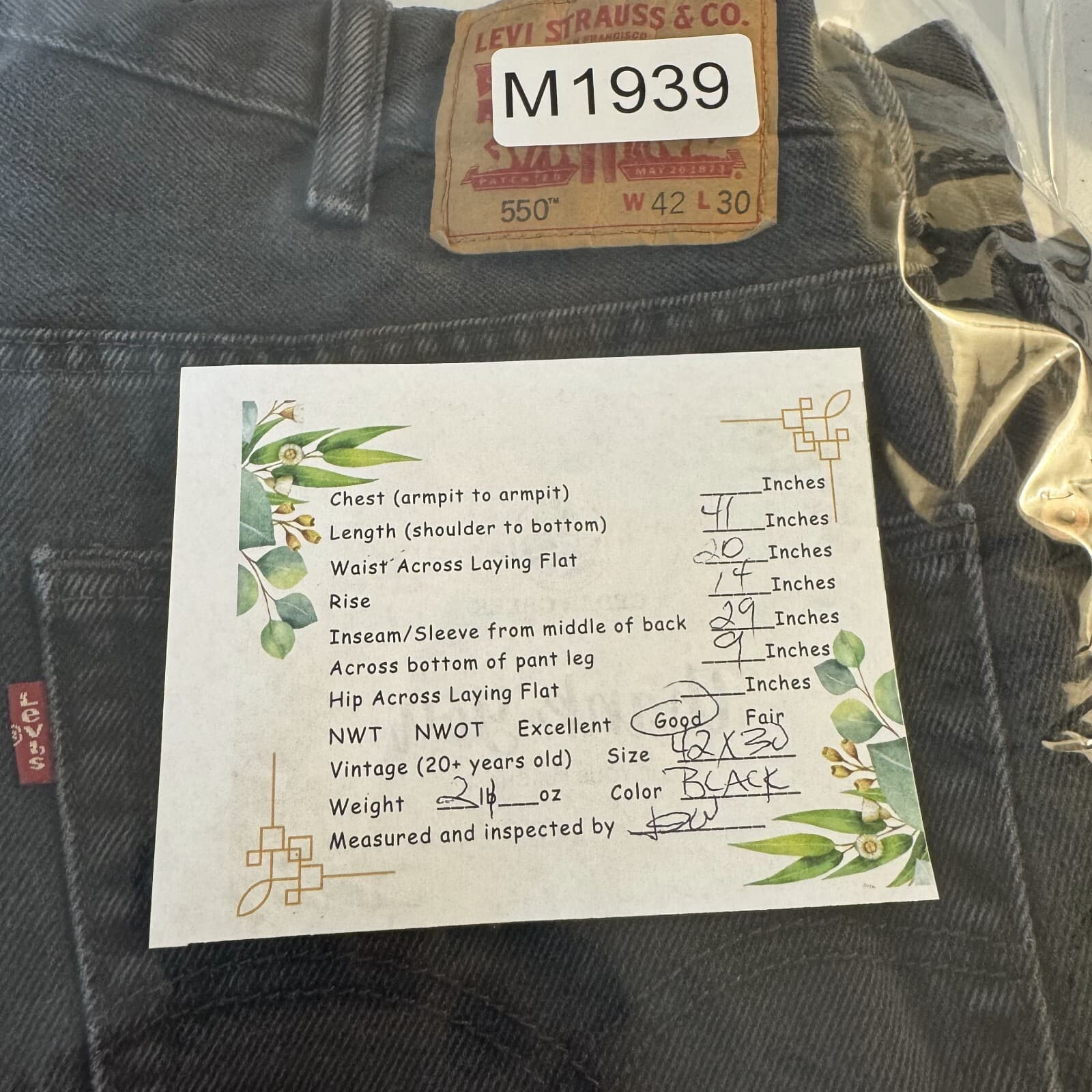 Levi's 550 Jeans Mens 42x30 Black Denim Relaxed Fit Tapered Leg Mid Rise Zip Fly - Thumbnail 8