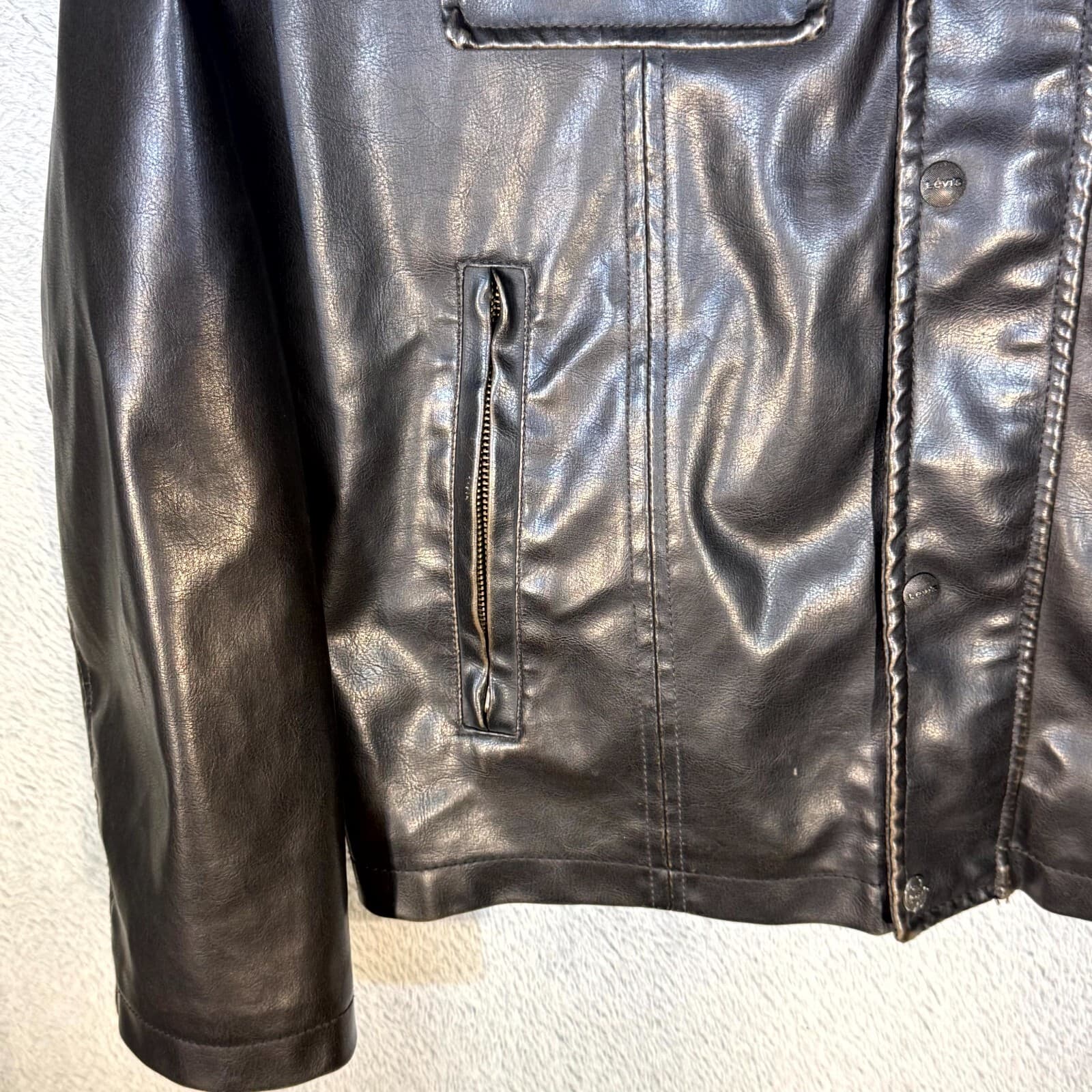 Levi's Bomber Jacket Mens Large Brown Faux Leather Fleece Lined Coat - Thumbnail 6