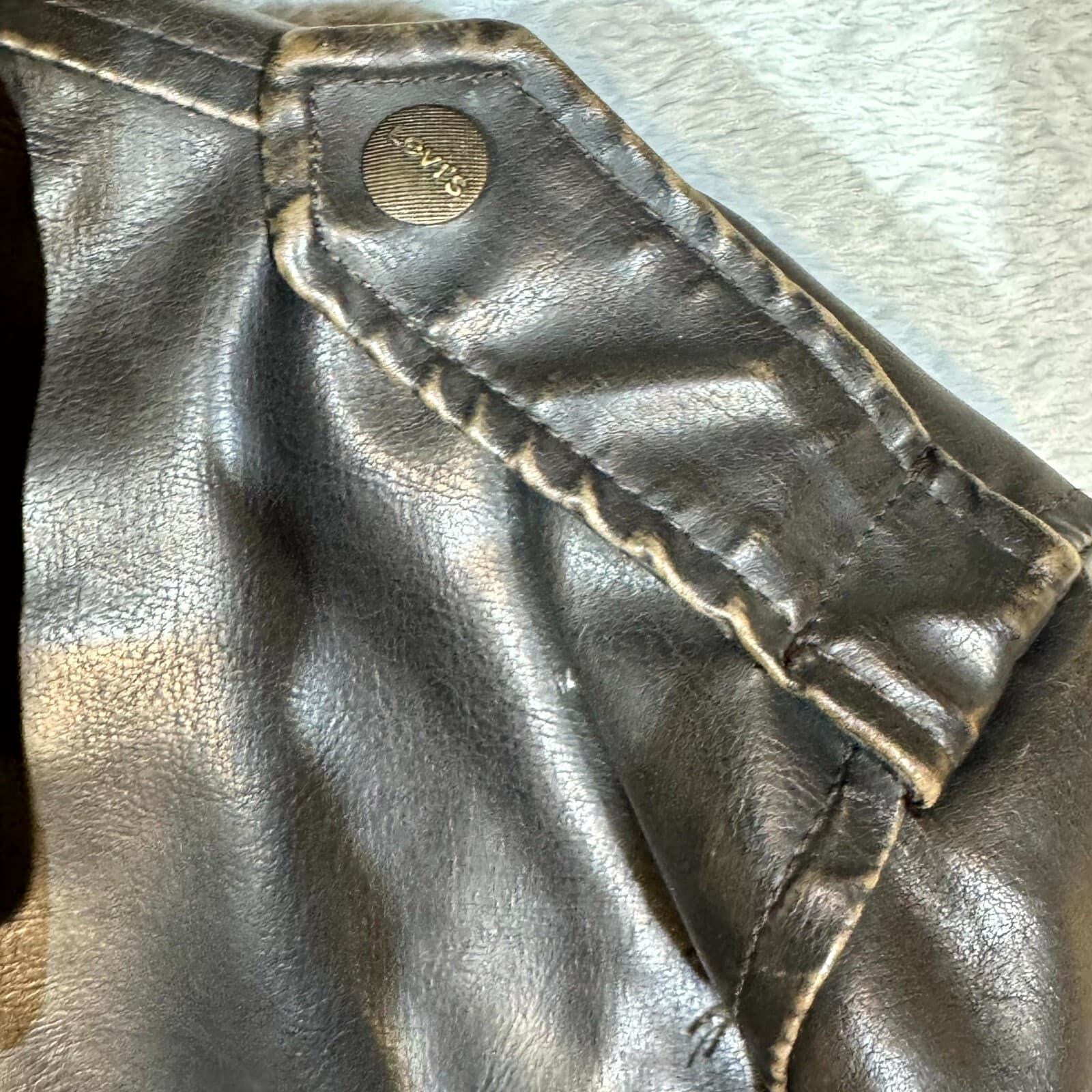 Levi's Bomber Jacket Mens Large Brown Faux Leather Fleece Lined Coat - Thumbnail 7