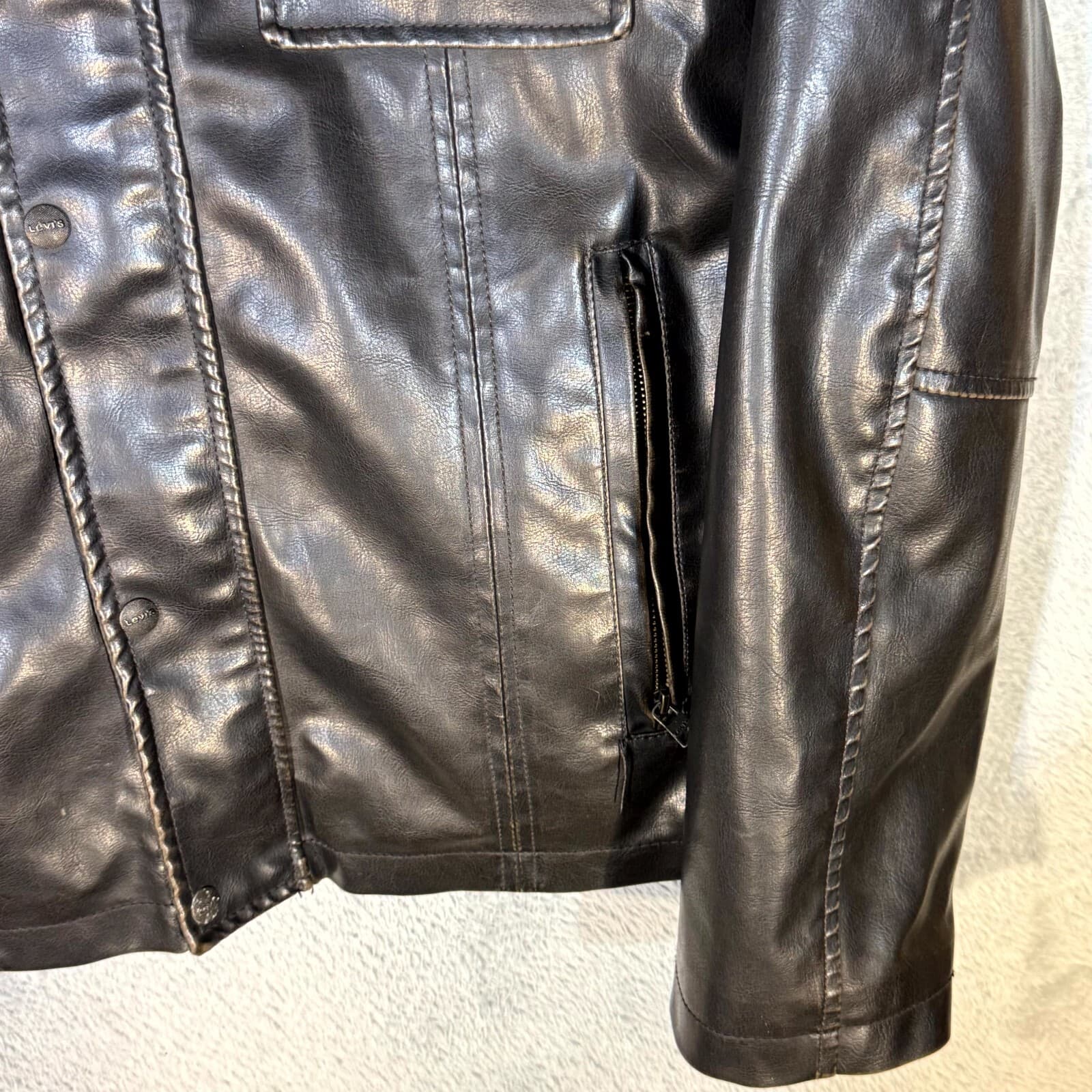 Levi's Bomber Jacket Mens Large Brown Faux Leather Fleece Lined Coat - Thumbnail 5