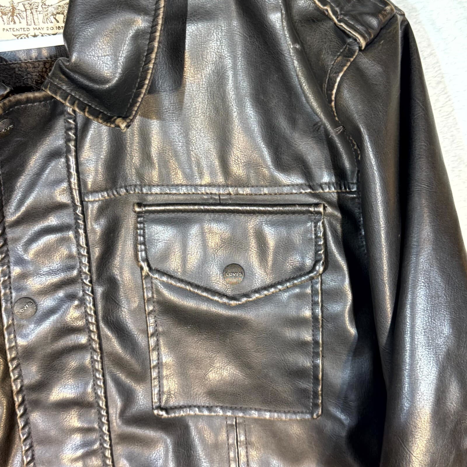 Levi's Bomber Jacket Mens Large Brown Faux Leather Fleece Lined Coat - Thumbnail 4