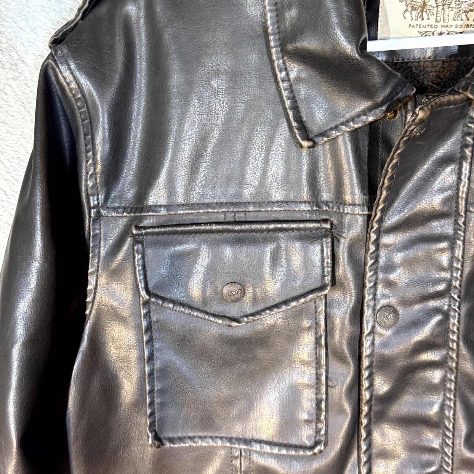 Levi's Bomber Jacket Mens Large Brown Faux Leather Fleece Lined Coat - Thumbnail 3