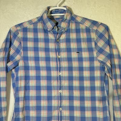 Vineyard Vines Whale Shirt Mens XS Blue Pink Plaid Button Down Long Sleeve - Thumbnail 5