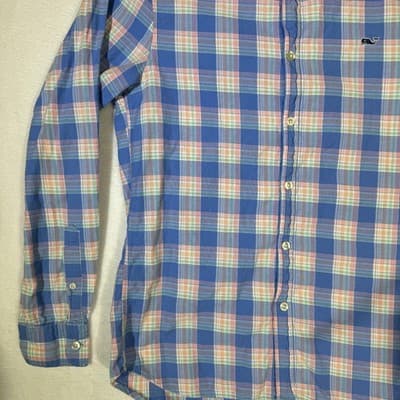 Vineyard Vines Whale Shirt Mens XS Blue Pink Plaid Button Down Long Sleeve - Thumbnail 4