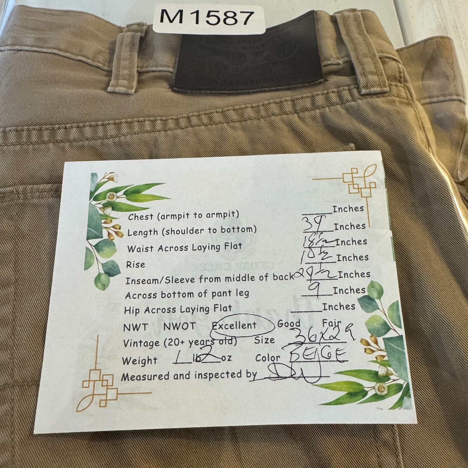 Polo Ralph Lauren Men’s Jeans 36x29 Beige 100% Cotton Straight Leg Denim - Thumbnail 8