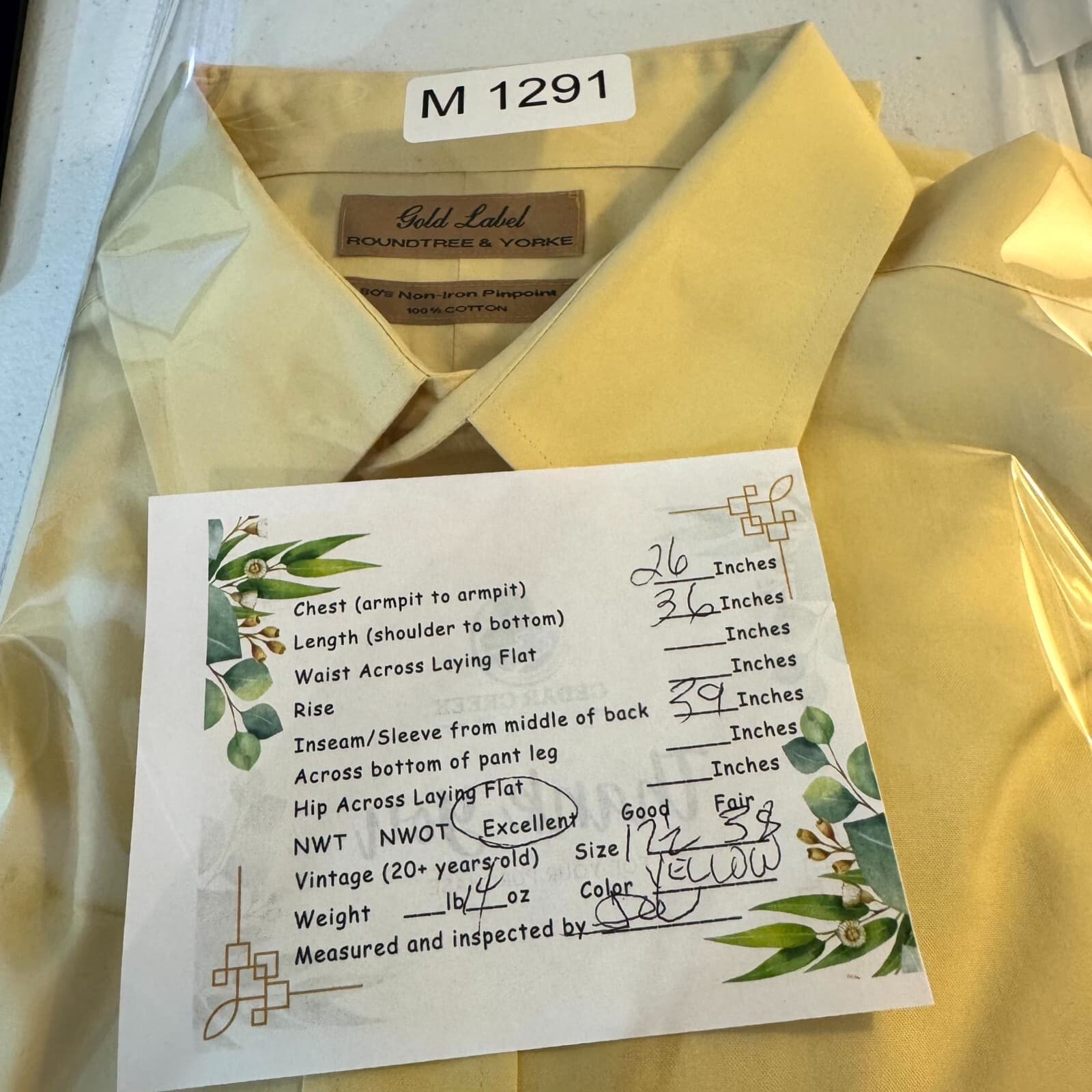 Gold Label Men's Dress Shirt 17.5/38 Yellow 100% Cotton Non-Iron Long Sleeve - Thumbnail 9
