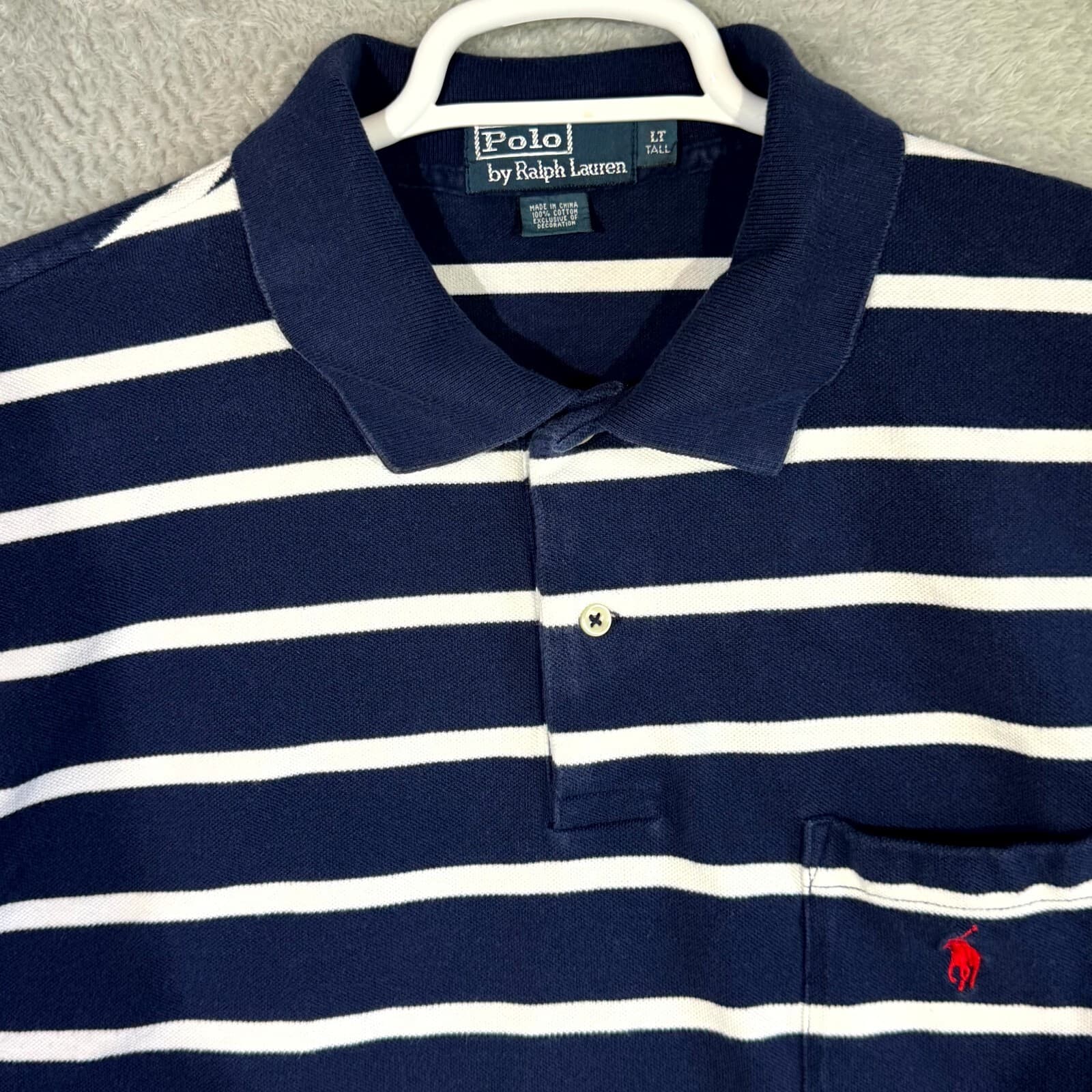 Polo Ralph Lauren Men’s Polo Shirt Large Tall Navy Striped 100% Cotton Short Slv - Thumbnail 4