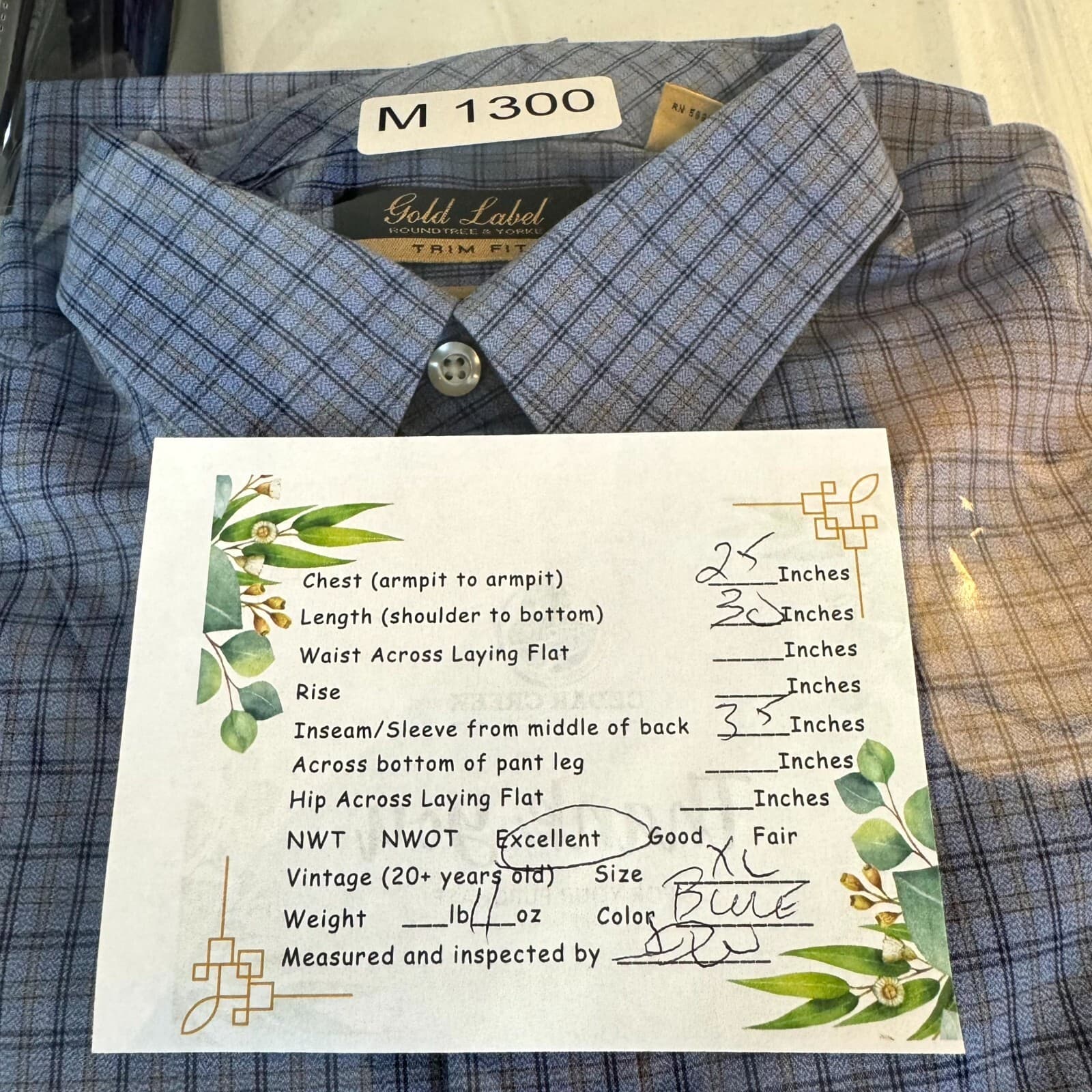 Gold Label Men's Shirt XL Blue Plaid Trim 100% Cotton Non-Iron Performance - Thumbnail 9