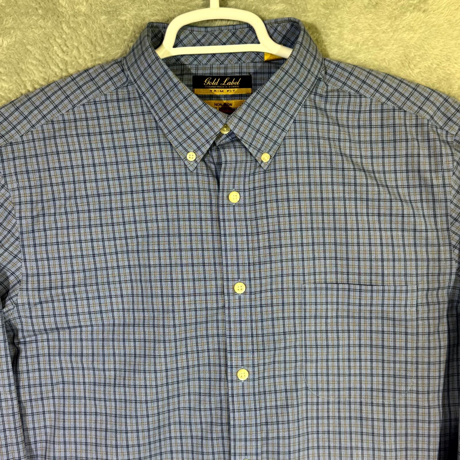 Gold Label Men's Shirt XL Blue Plaid Trim 100% Cotton Non-Iron Performance - Thumbnail 4