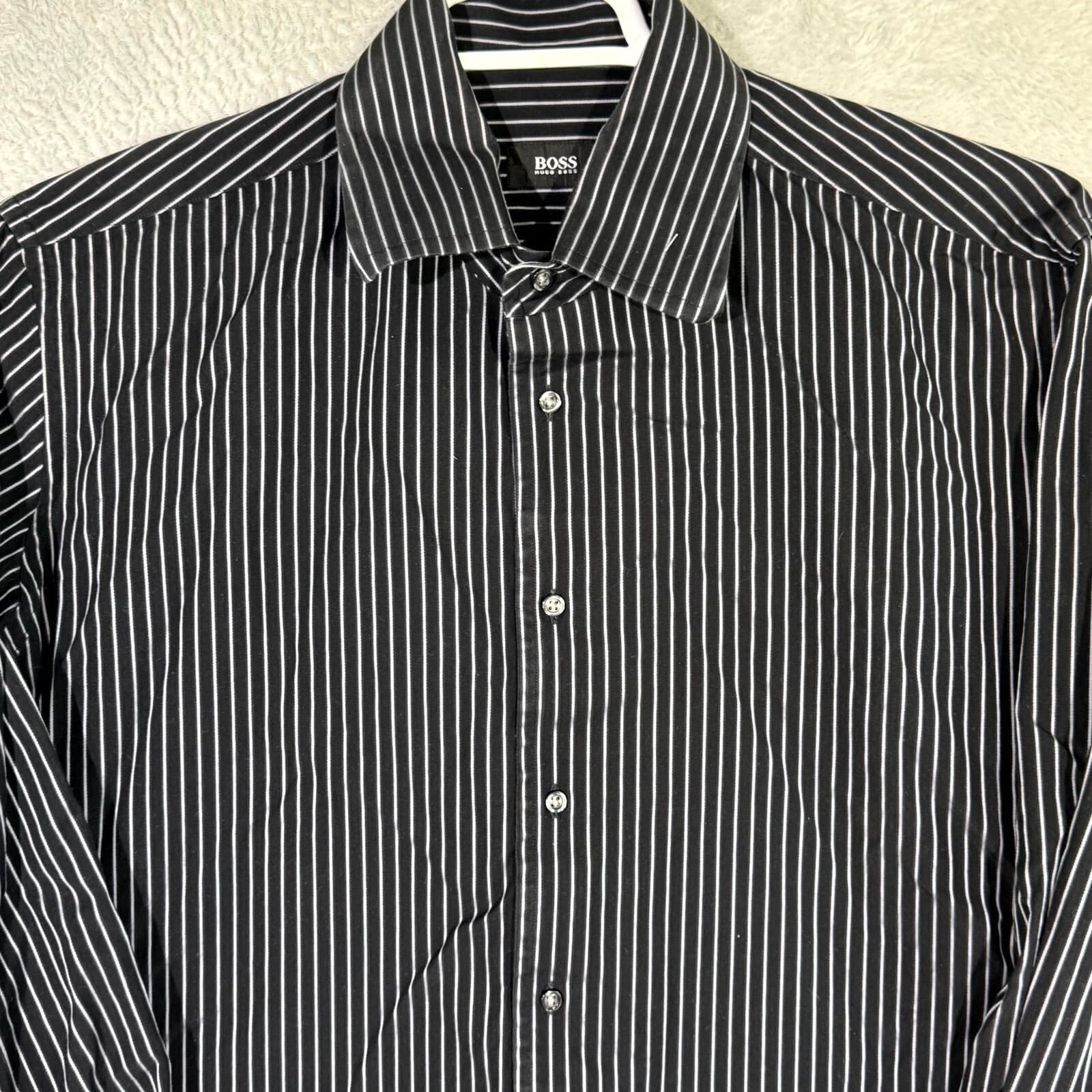 Hugo Boss Men's Dress Shirt 17 34/35 Black Pinstripe Long Sleeve Button-Up - Thumbnail 4