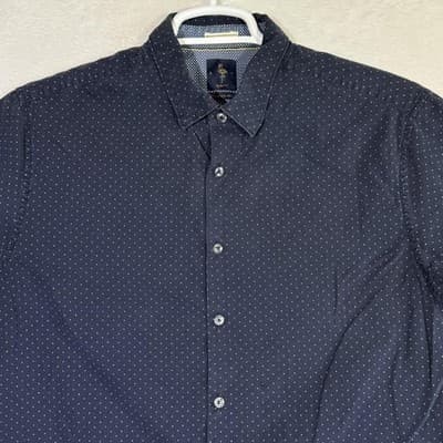 Denim & Flower Shirt Mens XL Blue Polka Dot Slim Fit Button Up Short Sleeve - Thumbnail 5