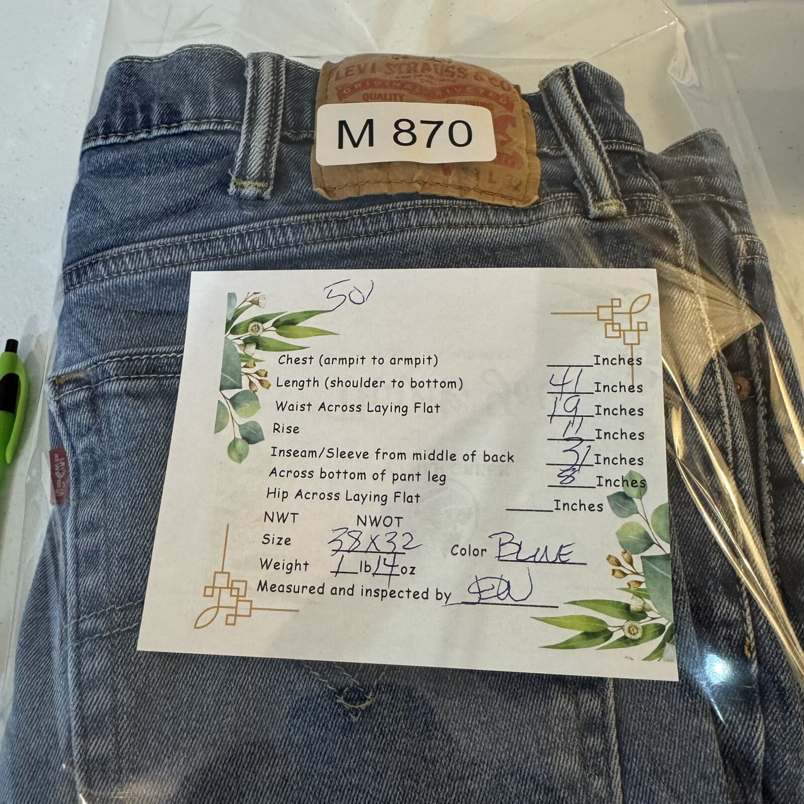 Levis Jeans Mens 38x32 Blue Denim Straight Leg 100 Percent Cotton Mid Rise Zip F - Thumbnail 9