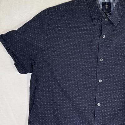 Denim & Flower Shirt Mens XL Blue Polka Dot Slim Fit Button Up Short Sleeve - Thumbnail 4