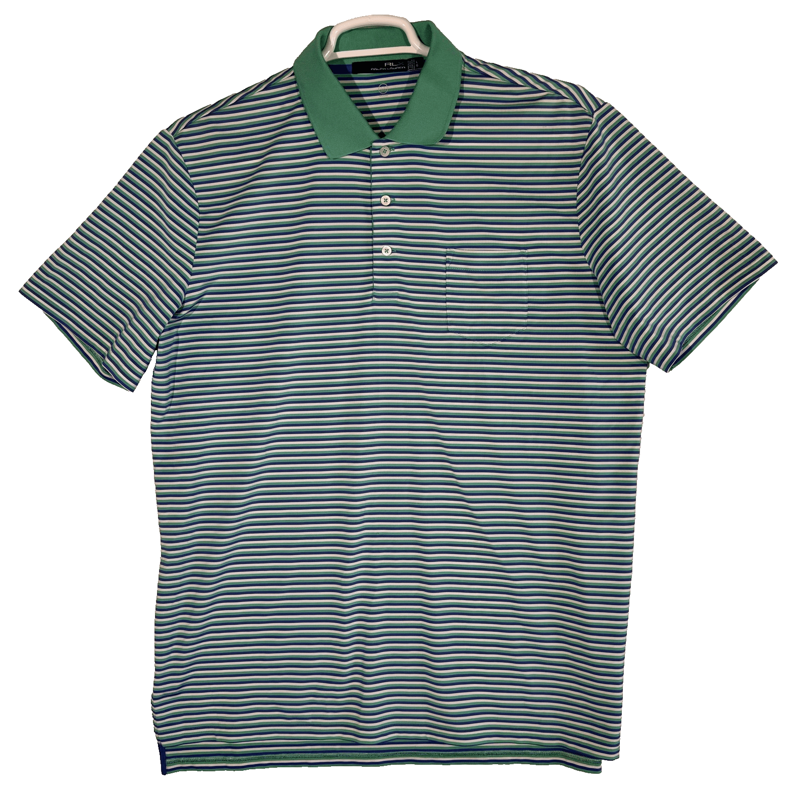 RLX Ralph Lauren Polo Shirt Mens Large Green Blue Stripe Golf Wicking Stretch - Image 1