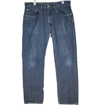 Levis 505 Jeans Mens 34x32 Blue Straight Leg Medium Wash Denim Worn Hem - Image 1
